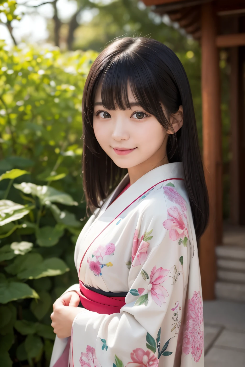 (kimono)、Random pose、(top quality,Masterpiece:1.3,ultra high resolution,),(super detailed,Caustics),(realism:1.4,Original photography,)Ultra-realistic capture,a very detailed,High resolution 16k human skin closeup、 natural skin texture、、Skin looks healthy and even-toned、 Use natural light and color,1 girl,Japanese,kawaii,A black-haired one,Zhongfa,,Smile,,(depth of field、Color difference、、Wide lighting range、natural shadow、)、Half-length photo