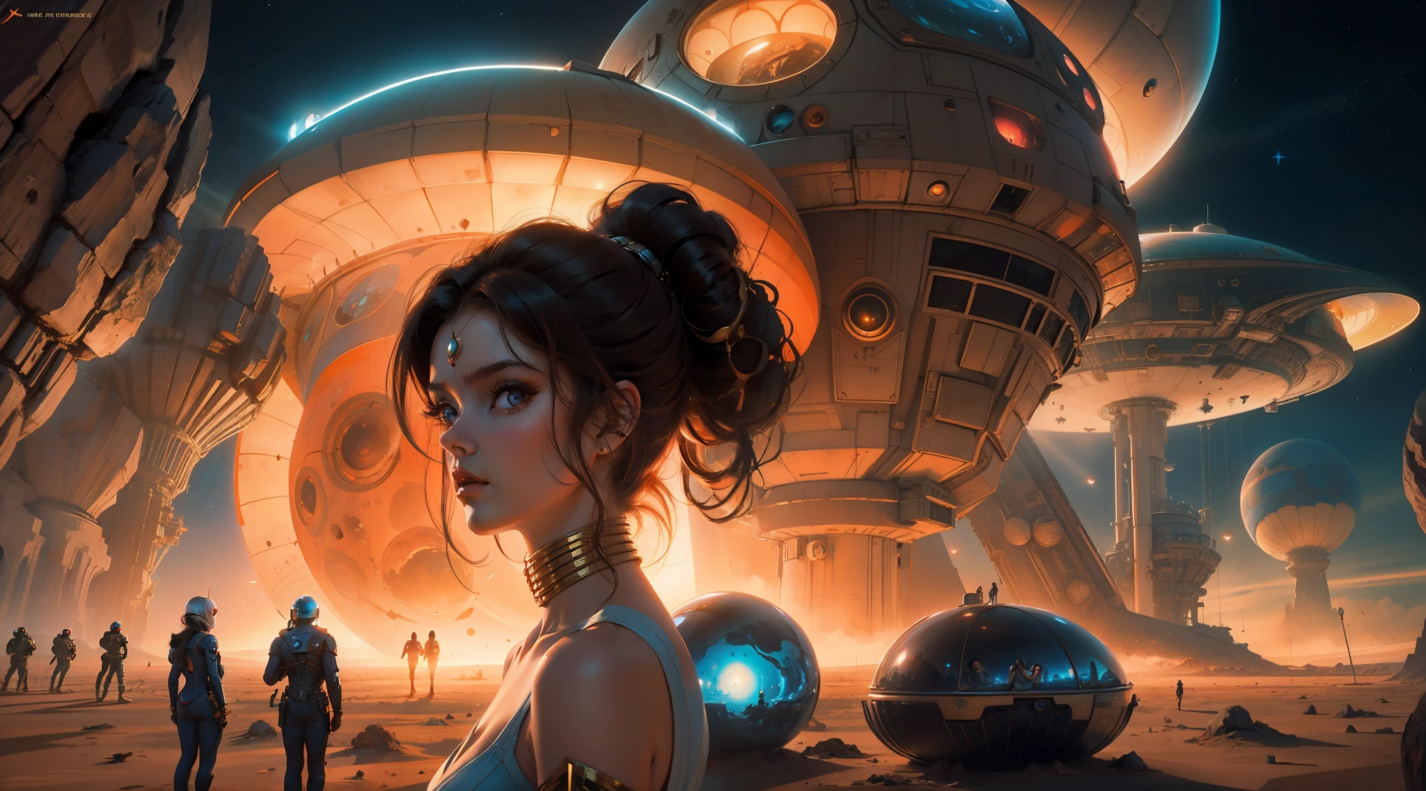 arafed image of a woman in a pink dress with a bunch of aliens, matte painting movie poster, coiffed brown hair, by Kuno Veeber, art depicting control freak, portrait of sofia vergara, featured on vimeo, gouache matte painting, still from l'estate