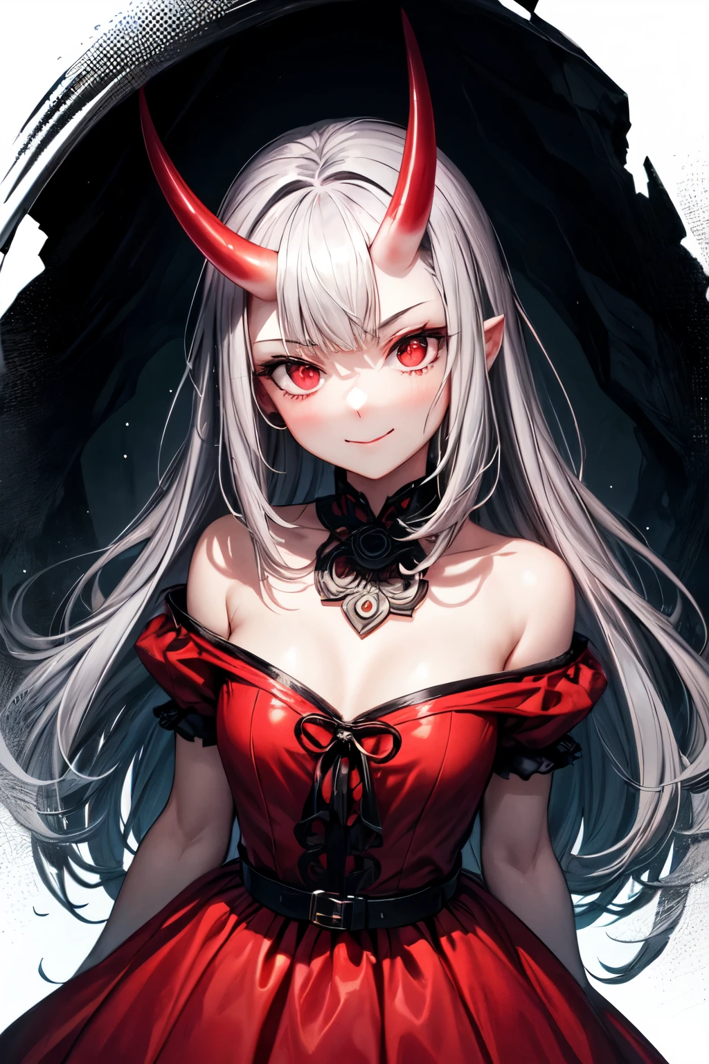 (1 girl, oni horn, long hair, glowing red eyes, dress, smug face), (gray, gray theme, inside the cave, backlight, fog), facing the viewer, looking at you