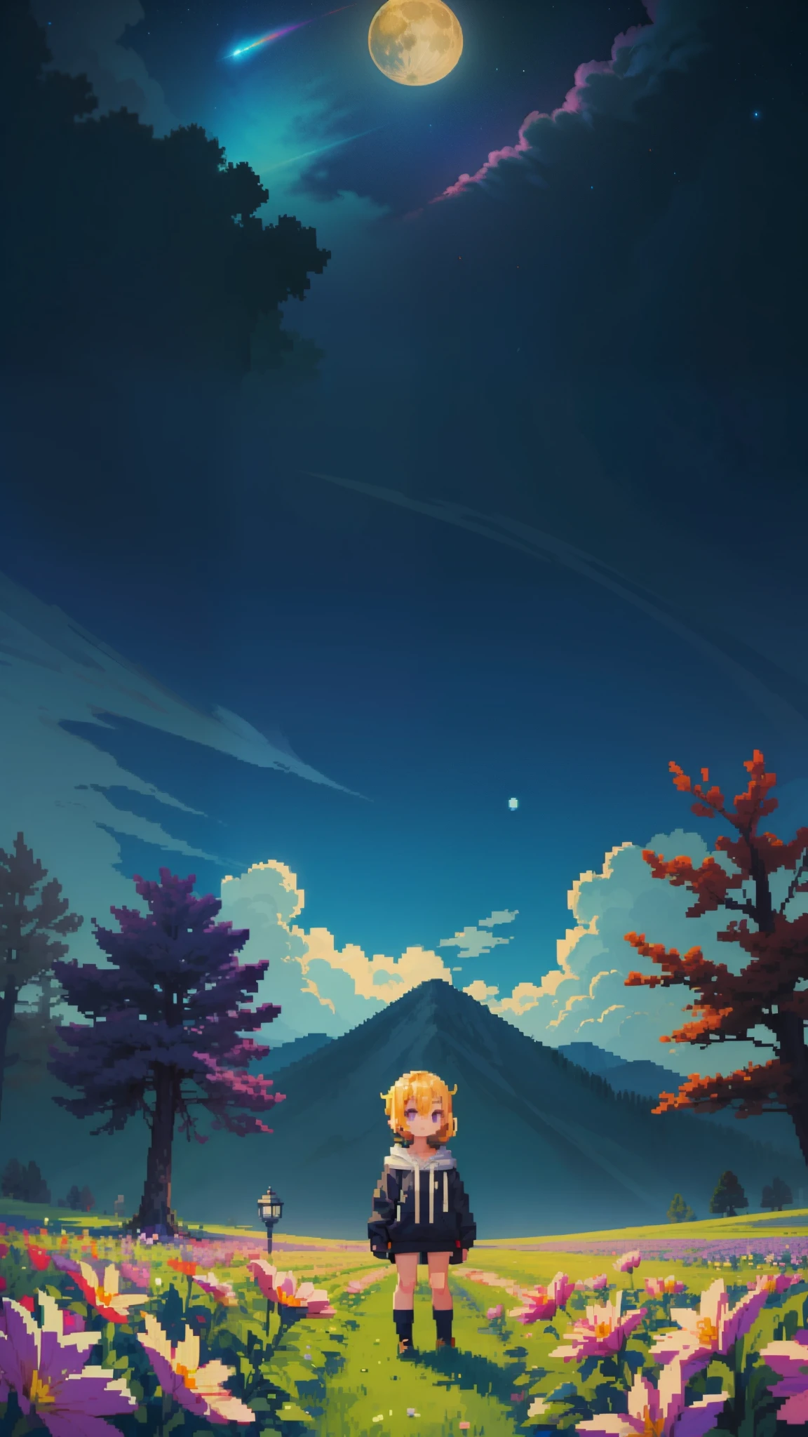 ((The style of pixel art)),(pixelart:1.4), pixel, 4-bit pixel art, a girl standing on flower field looking up, full moon, Loose hoodie,Black hoodie Pixel official art, absurd res, view the viewer, solofocus, Dynamic Angle, Head tilt , Ultra-fine pixel art, depth of field, wide shot, a view from below that shows sky above and open field below, shooting stars, nebula, distant mountain, tree, production art, warm light source, (Firefly), lamp, purple and orange color schemes, intricate details, volumetric lighting, colorful details, iridescent colors, glowing lighting, atmospheric lighting, dreamy, magical, (solo),
