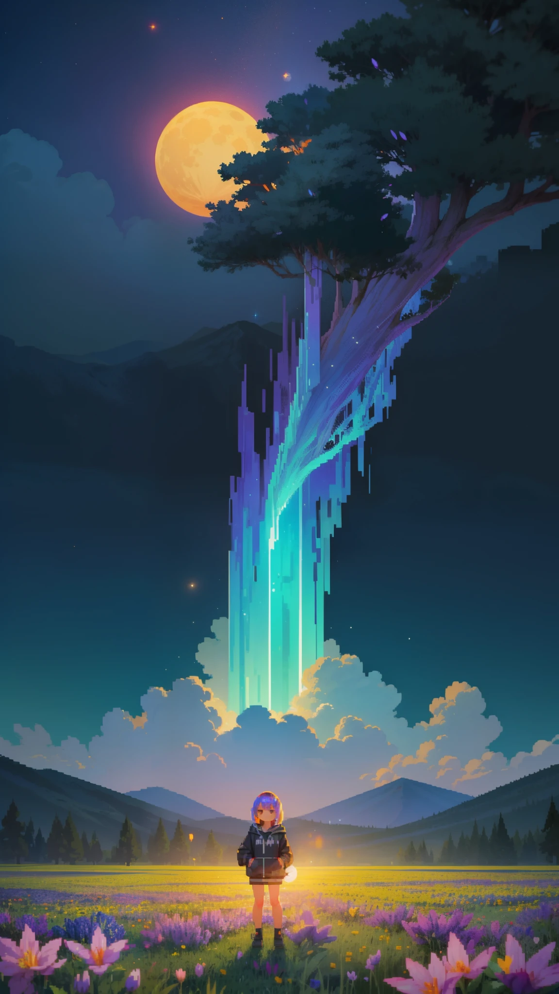 ((The style of pixel art)),(pixelart:1.4), pixel, 4-bit pixel art, a girl standing on flower field looking up, full moon, Loose hoodie,Black hoodie Pixel official art, absurd res, view the viewer, solofocus, Dynamic Angle, Head tilt , Ultra-fine pixel art, depth of field, wide shot, a view from below that shows sky above and open field below, shooting stars, nebula, distant mountain, tree, production art, warm light source, (Firefly), lamp, purple and orange color schemes, intricate details, volumetric lighting, colorful details, iridescent colors, glowing lighting, atmospheric lighting, dreamy, magical, (solo),