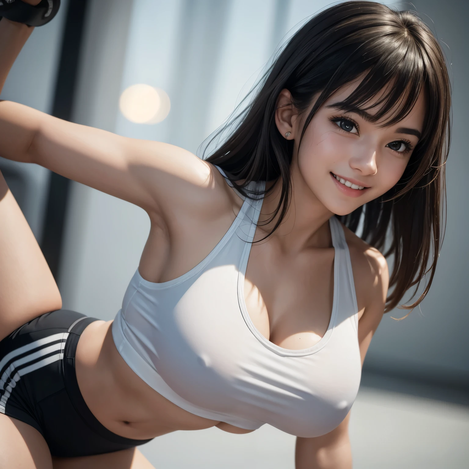 (8k, RAW photo, best quality, masterpiece:1.2), Hight detail TAW colour photo, professional photograph, (realistic, photo-realistic:1.37), ((best quality)), cinematic light, (finely detailed face:1.2), (masterpiece:1.5), (best quality:1.2), (bokeh:1.2), 35mm:1.25, wide angle, high angle:1.2, glamour shot, portrait photo, shot from her top front or side or back,close up:1.2, 1 girl, 19-year-old athlete, solo, white skin, cute, (Full body1.15),detailed skin texture, glistening skin, detailed beautiful and delicate face:1.3, athletic sportswear, padded Crop Top, big natural breast, narrow waist, detailed hair with bangs, detailed long messy hair:1.3, random hairstyle, Smiling:1.2, she feels hot and sweating, workout in the gym room,