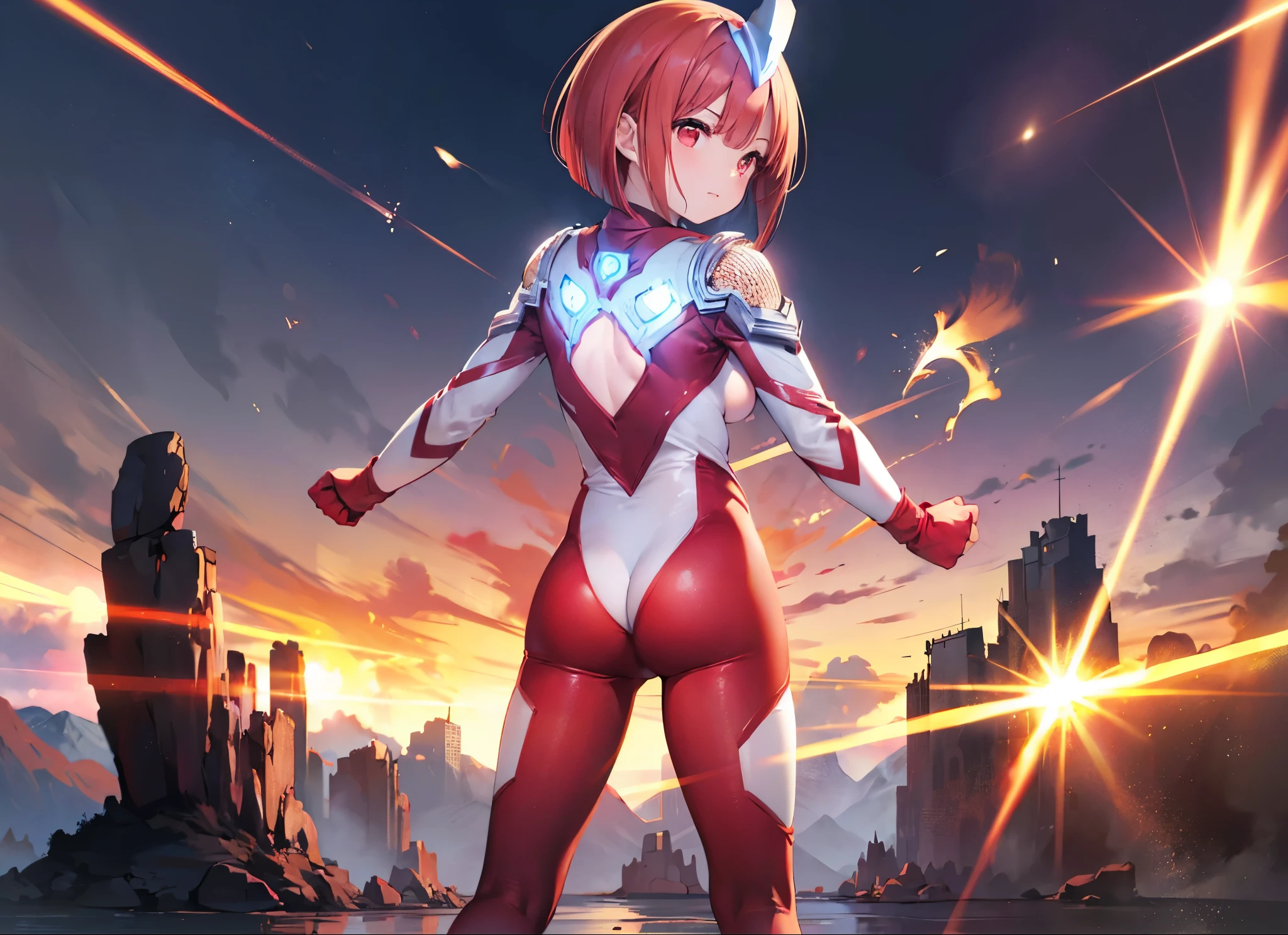 Super close-up,highest quality, ultra detail, High quality CG drawing, The most delicate and beautiful, Floating gently, High resolution, (1 girl), (Highest image quality,4K,8K,masterpiece:1.2),(all red hair:1.5),(short bob:1.5),(red eyes:1.5), (ultra girl :1.0), (All red Ultraman bodysuit:1.4),slightly bigger breasts,red gloves,(Turn your back to your audience:1.3),butt,whole body,(clenched fist:1.3)