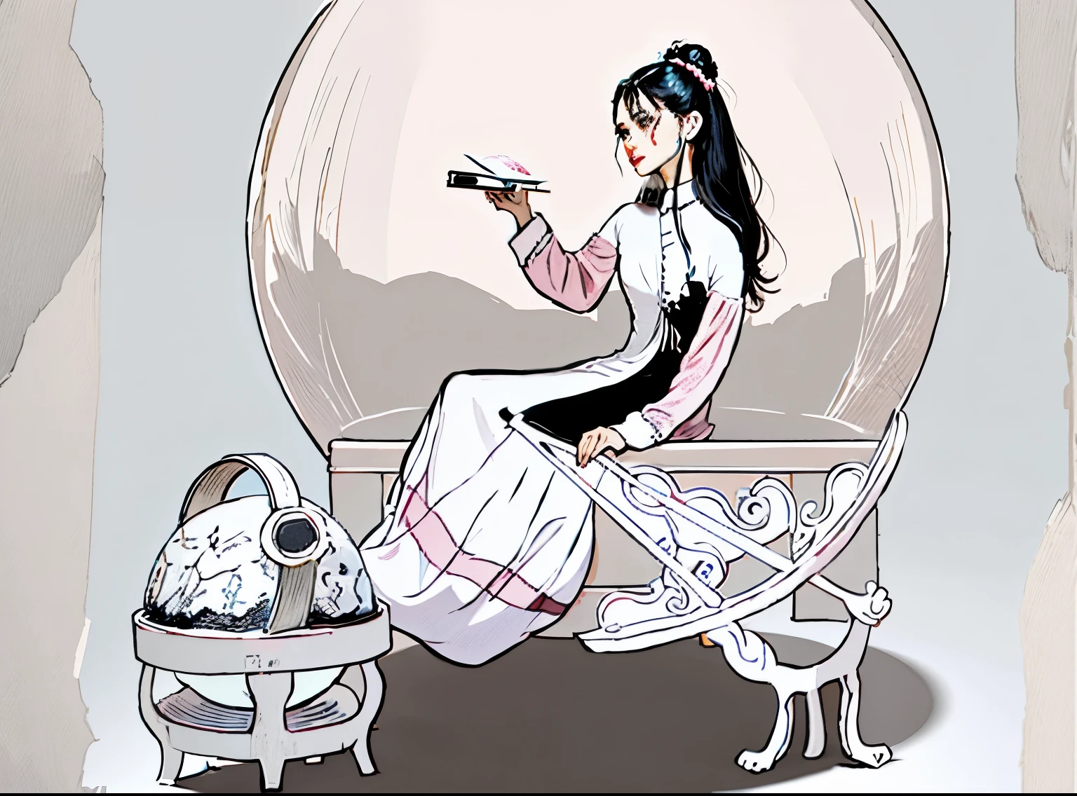 black hair，White clothes，fair skin，pink flowers，furniture，books，antiquity，comics，ink，illustration，masterpiece，master level
