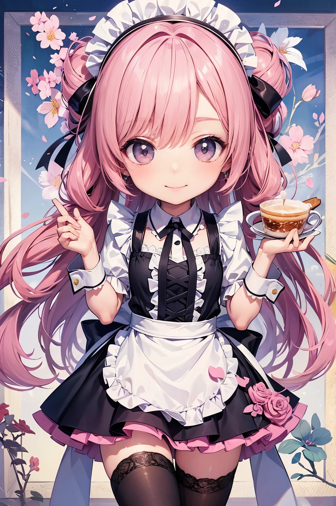 masterpiece,最high quality,Cafe,smile,Rose pink hair_twin drill tail,chibi character,Maid Fashion,Thighhighs,pastel,ribbon,frills,high quality,beautiful graphics,high detail