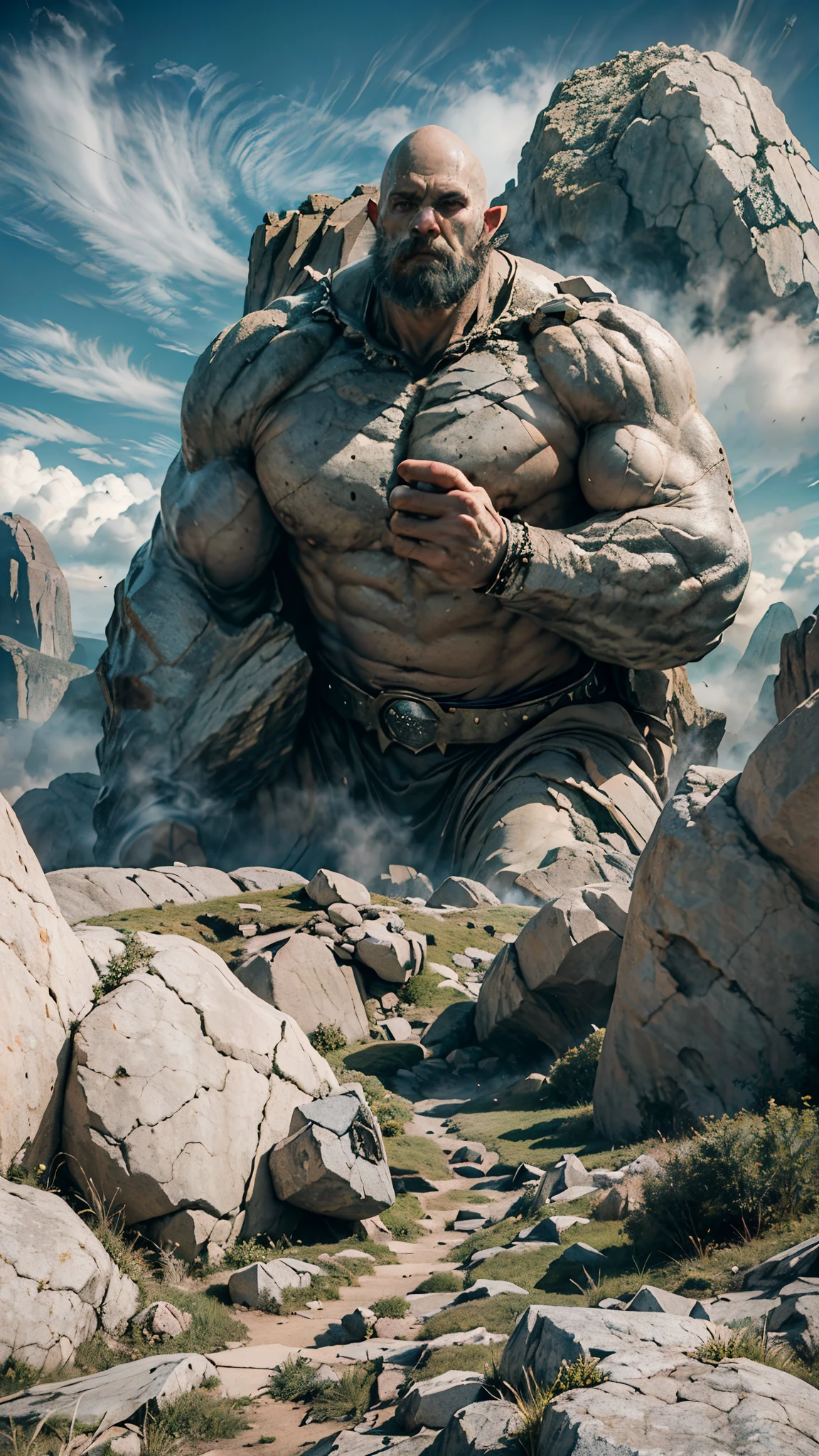 (good structure),high dynamic range,ultra high definition,8k,Rock Giants,Giant Clan, cliff, cloud, cloudy sky, debris, destruction, giant, grey sky, landscape,Light and thin smoke, male focus, mountain, muscular, open mouth, outdoors, rock, ruins, sky, solo,A body composed of rocks