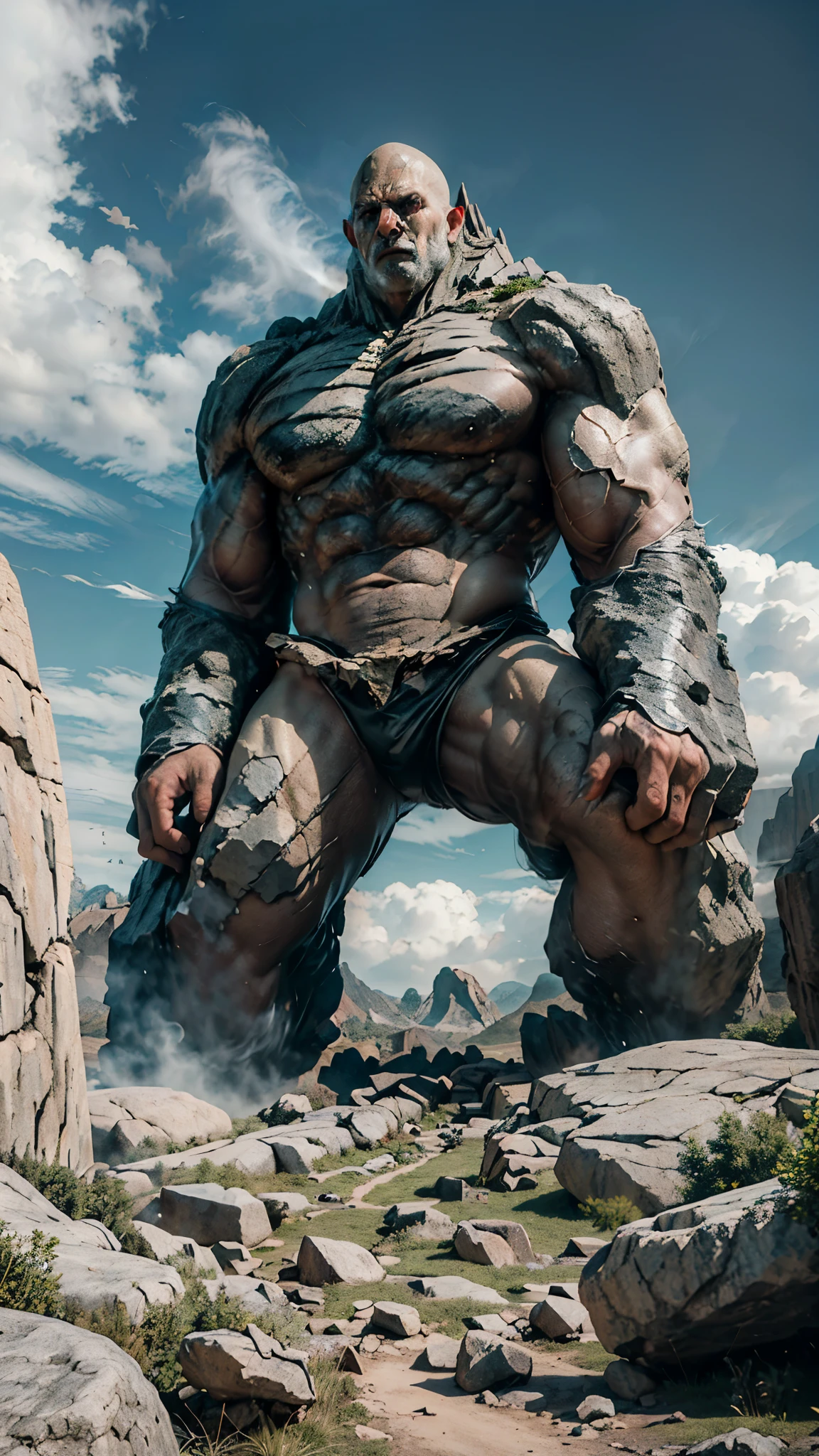 (good structure),high dynamic range,ultra high definition,8k,Rock Giants,Giant Clan, cliff, cloud, cloudy sky, debris, destruction, giant, grey sky, landscape,Light and thin smoke, male focus, mountain, muscular, open mouth, outdoors, rock, ruins, sky, solo,A body composed of rocks