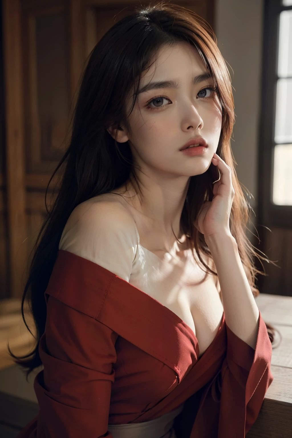 taeyamada, Tae Yamada, manque de cheveux, cheveux entre les yeux, cheveux longs, (les yeux rouges:1.5), side locks, ( poitrine:1.2), Casser bandaged chest, bandaged head, des pansements, black robe, robe, off shoulder, Casser looking at viewer, Tout le corps, Casser indoors, Salle de classe, Casser (chef-d'artwork:1.2), best quality, high resolution, unit 8k wallpaper'screen, (Illustration:0.8), (Beautiful detailed eyes:1.6), extremely detailed face, perfect lighting, Extremely detailed CG, (des mains parfaites, anatomie parfaite),