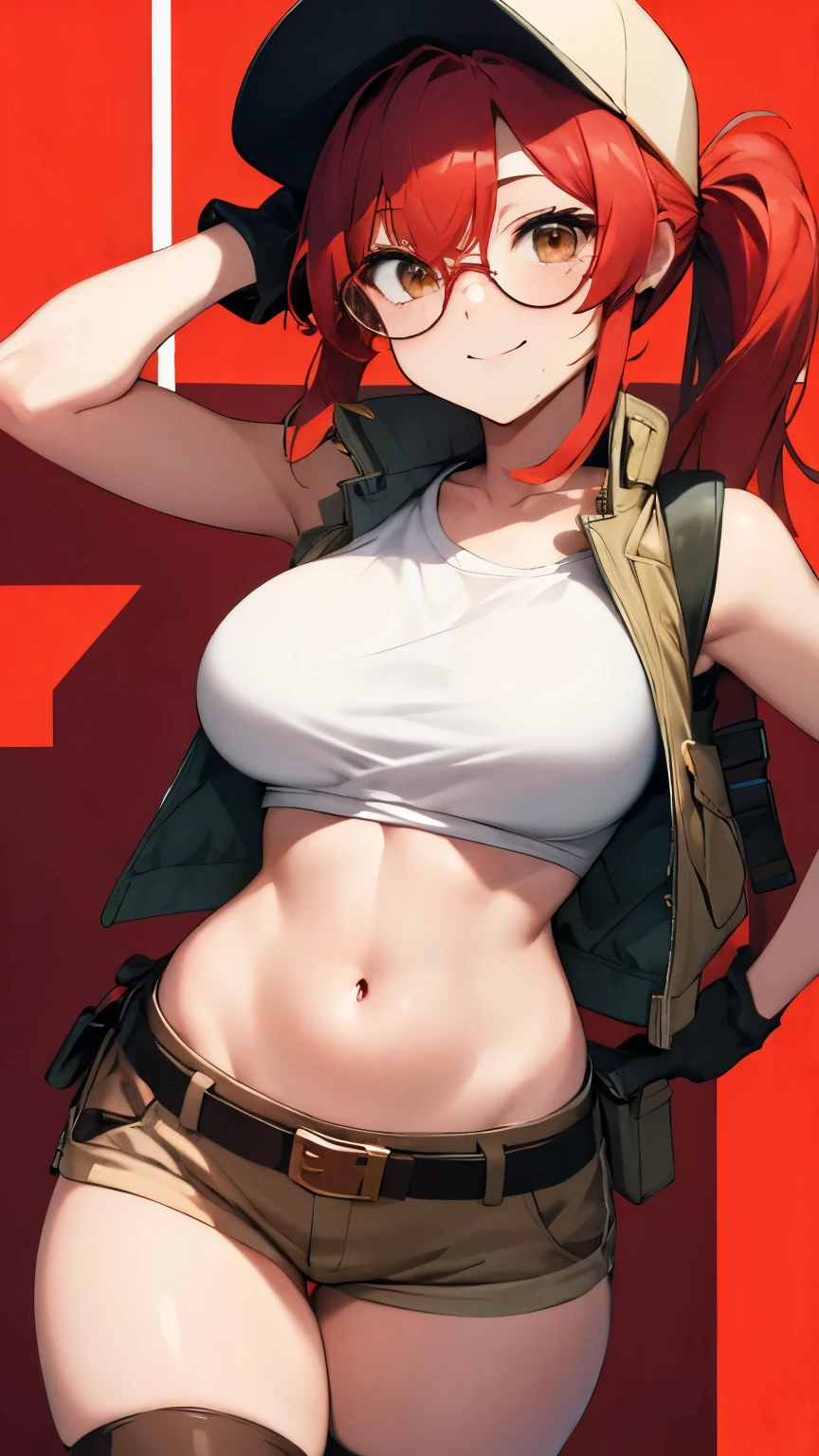 (art, best quality: 1.2), illustration, 8K, high definition, 1, alone, torso, (portrait: 1.2), large breasts, circular glasses, has, upper cut, belly, gloves, navel, baseball cap, opening between thighs, high knee protectors, short shorts, ponytailed hair, boots, brown eyes, brown shorts, belt, smile, package, brown belt, red hair, hip opening, vests, long hair, vest,