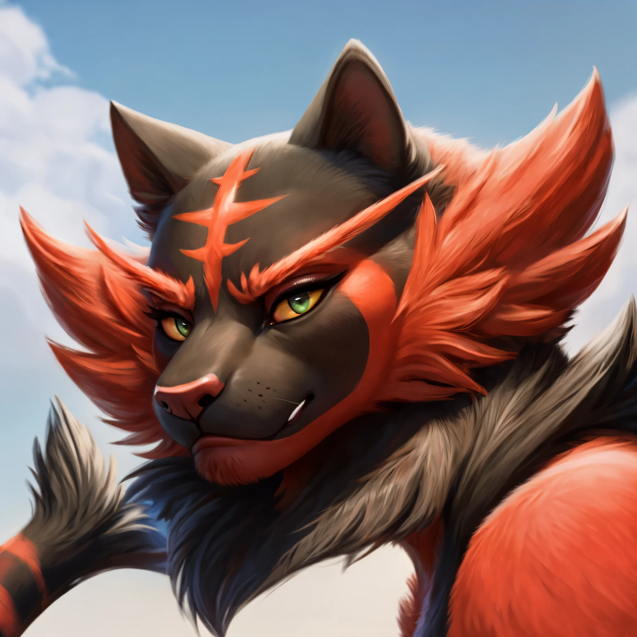 (best quality,ultra-detailed,realistic:1.37), incineroar, cat snout, realistic, detailed face, striking eyes, beautiful makeup, flawless skin, expressive eyebrows, perfect lighting, long eyelashes, pouty lips, soft focus, vibrant colors, outdoor lighting,realistic,soft lighting,vibrant colors,delicate fur texture, blush, embarrassed expression, shy expression