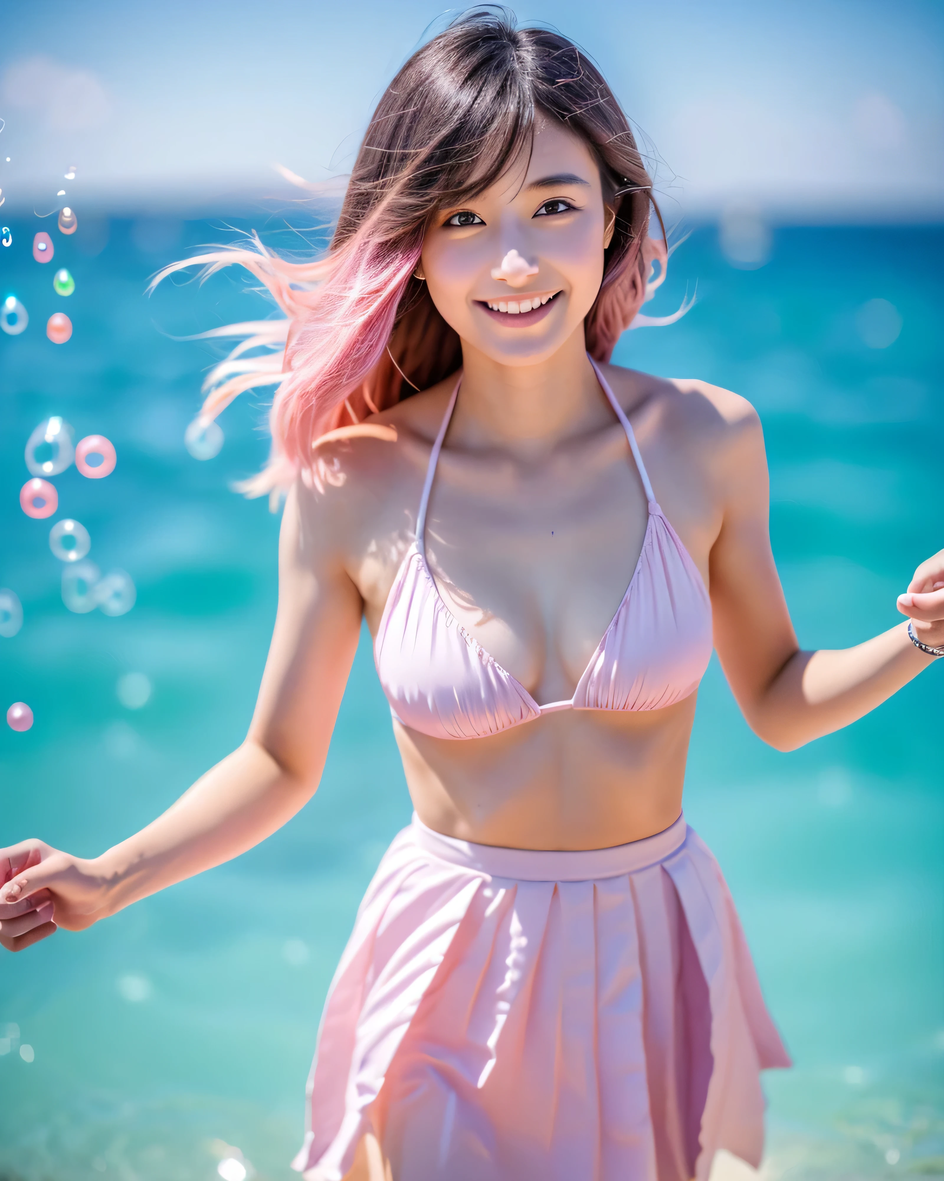 (highest quality, 8k, High resolution, masterpiece:1.5, ), beautiful japanese high school girl, god秘的, big magic eyes, gentle smile, ((shiny millennial pink hair)), long hair swaying in the wind, asymmetrical bangs, thin eyebrows, Clear double eyelids, smooth and soft skin, pale pink lips, ((small colorful bikini, Swirling short black pleated skirt, )), High resolutionの完璧な鎖骨, High resolutionの美しい胸元, Slender body with plump breasts, High resolutionの美しい太もも, lean forward, Beach with a view of the horizon, A fantastic sky with a gradation from pink to blue, strong sunlight, White cloud, white sand beach, royal blue transparent sea, stand on the beach, (Glittering water droplets float in the air:1.5), professional lighting, professional photographer, professional model, god々beautiful beauty
