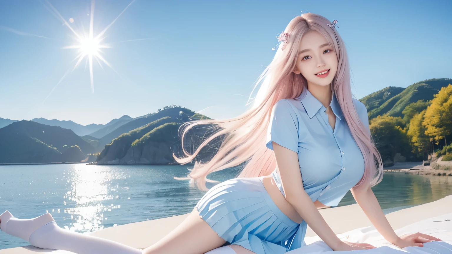 Official Art, masterpiece, Clear focus, (Beautiful, gorgeous and lovely Korean woman:1.3), (Beautiful and cute Korean:1.3), Korean beauty, Exquisite and beautiful hair、Eyes and face, Practical, Extremely detailed, beautiful girl, Blue sky, Glowing white particles, (Side Light:1.2), Sunlight, White Cloud, Detailed clouds, slim, Very cute big and big butt, Smile with teeth bared, ((Smile with your eyes, Open your eyes)), landscape, Long and straight hair, Sexy facial expressions, architecture, (city View:1.7), Dynamic Hair, Long and straight hair, Detailed platinum pink hair, Blue eyes, (Blue Pleated Shirt + White skirt), White socks, Pale skin, Hair accessories, epic landscape,nude