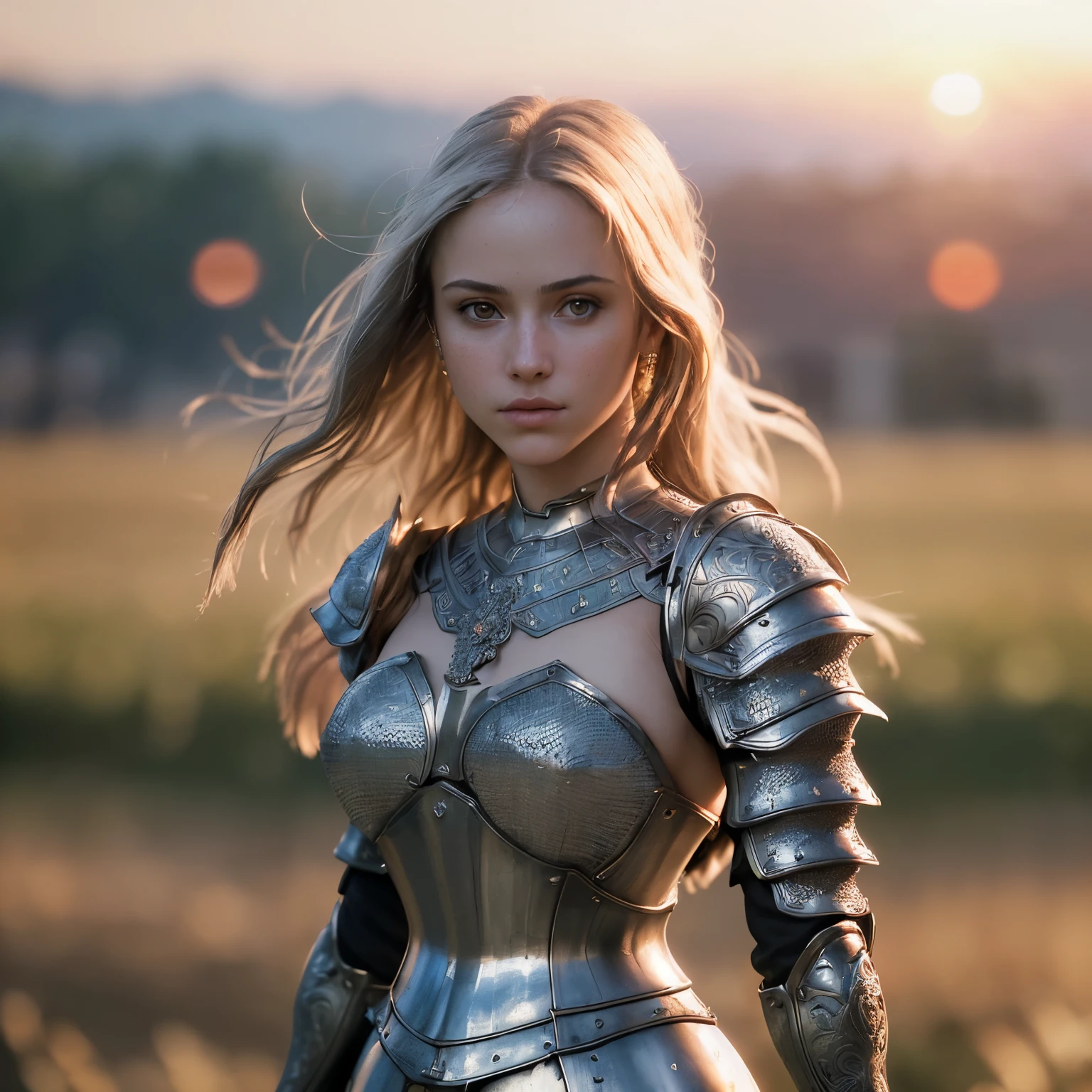 (masterpiece), (extremely intricate:1.3), (realistic), portrait of a girl, the most beautiful in the world, (medieval armor), metal reflections, upper body, outdoors, intense sunlight, far away castle, professional photograph of a stunning woman detailed, sharp focus, dramatic, award winning, cinematic lighting, octane render unreal engine, volumetrics dtx, (film grain, blurry background, blurry foreground, bokeh, depth of field, sunset, motion blur:1.3), chainmail