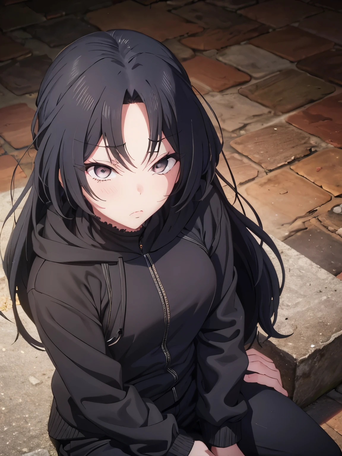 1 girl,black hoodie,pouting lips,long hair,black hair,Dominique de sade,black trouser,Sitting,close up photo,ultra detail