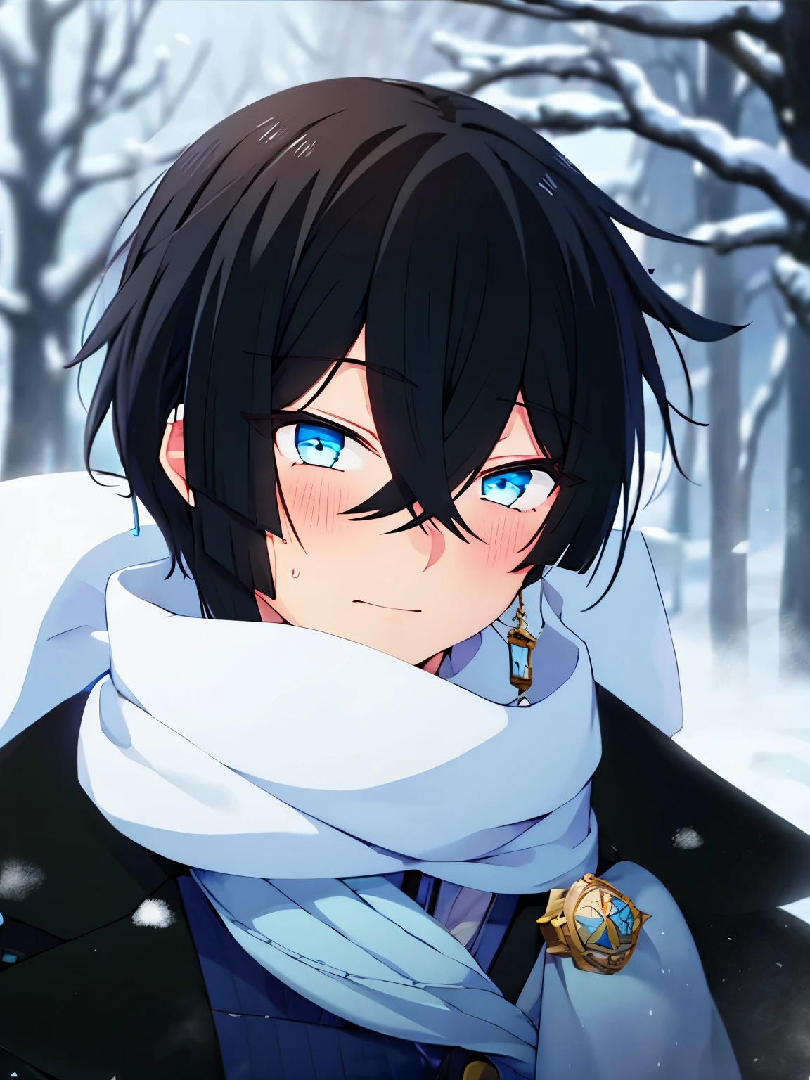 1boy,vanitas no carte,sit,At the north pole,snowing,Expression of surprise, blush,,close up photo