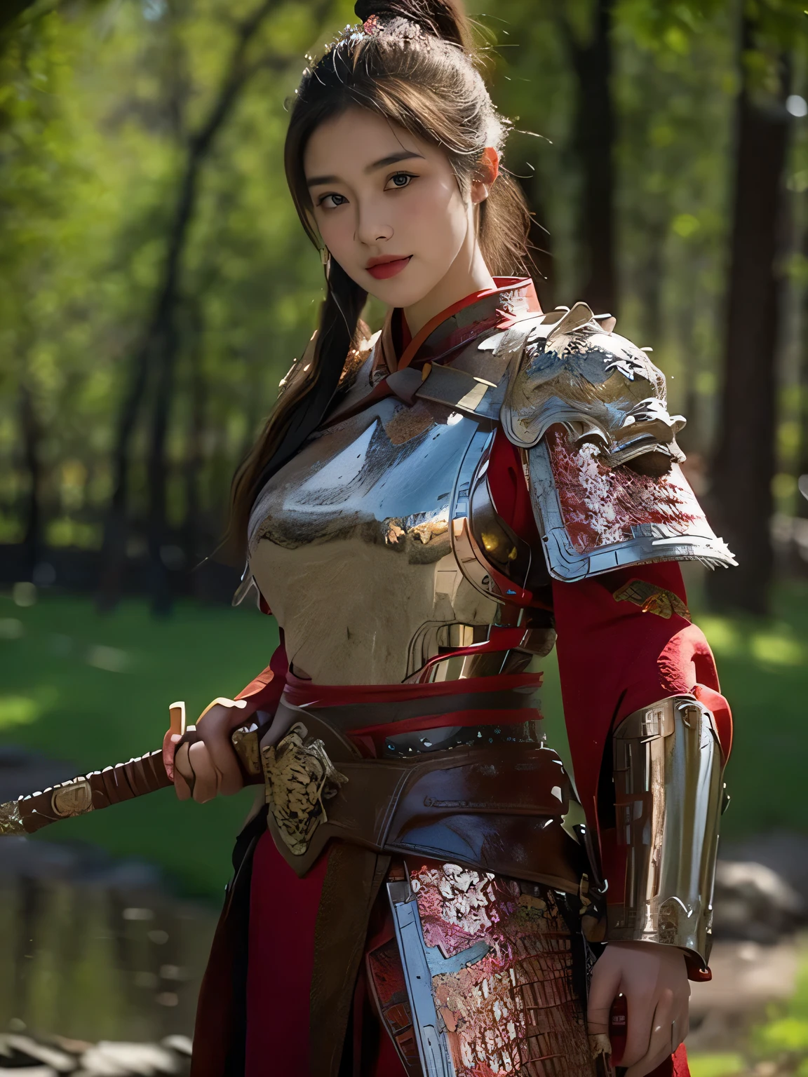 masterpiece，Best quality，HD quality，face close-up，A high resolution，8K，Ancient battlefield background, ((field：1.8))，(Female generals on the battlefield in the Han Dynasty)，18-year-old girl，（long ponytail hairstyle)，cparted lips，Full and erect breasts，Noble and charming，Elegant and serious，Chinese armor,sword, Chinese architecture, Brown cape，，The combination of white metal and red leather，chest armor，metallic luster，Leather buckle，Exquisite pattern，mysterious badge，Cool and gorgeouig breasts))，Chest groove，Three Kingdoms character painting style，Photo pose，oc render reflection texture，charming smile，Head-up shot，bright afternoon，woodland background
