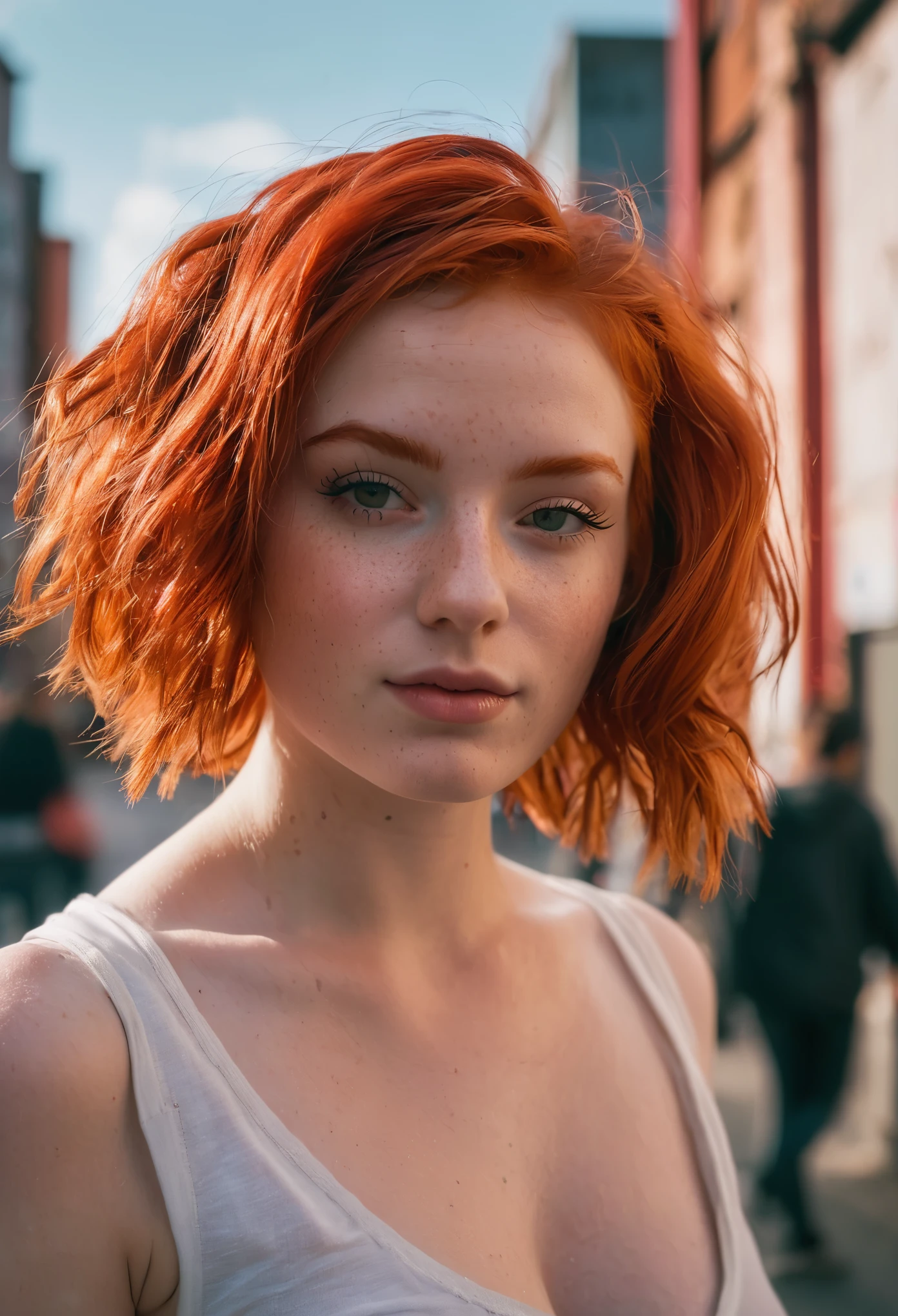RAW photo, a close up portrait photo of 30 y.o woman in wastelander clothes, redhair, short haircut, pale skin, slim body, background is city ruins, (high detailed skin:1.2), 8k uhd, dslr, soft lighting, high quality, film grain, Fujifilm XT3