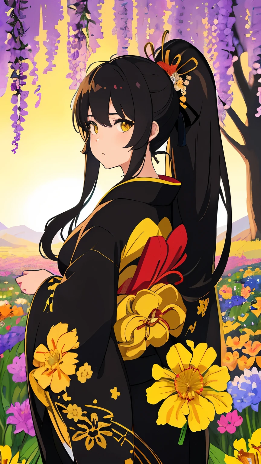 ((highest quality))、((perfect eyeasterpiece))、Black Japanese-style kimono、brown skin、Brown skin、black skin、black hair、yellow eyes、ponytail、long breasts、hyacinth flower field、slouch、Amazing angle from below、Backlight