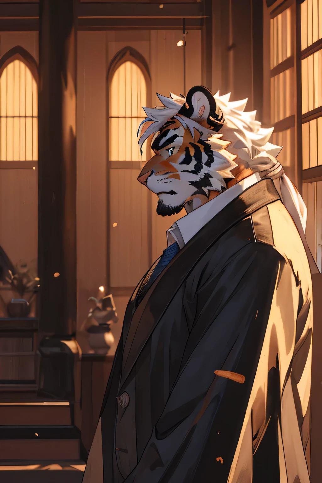 watercolor,Ukiyo-e art,etching,prime time,natural lighting,Sunlight,etching,Kyoto Manga,male,hairy,tiger,white hair,black eyes,golden pupils,Strong body,face close-up,whole body,moody,octave render,High purity shades,high detail,high quality,contour,godfather,satin clothes,prayer