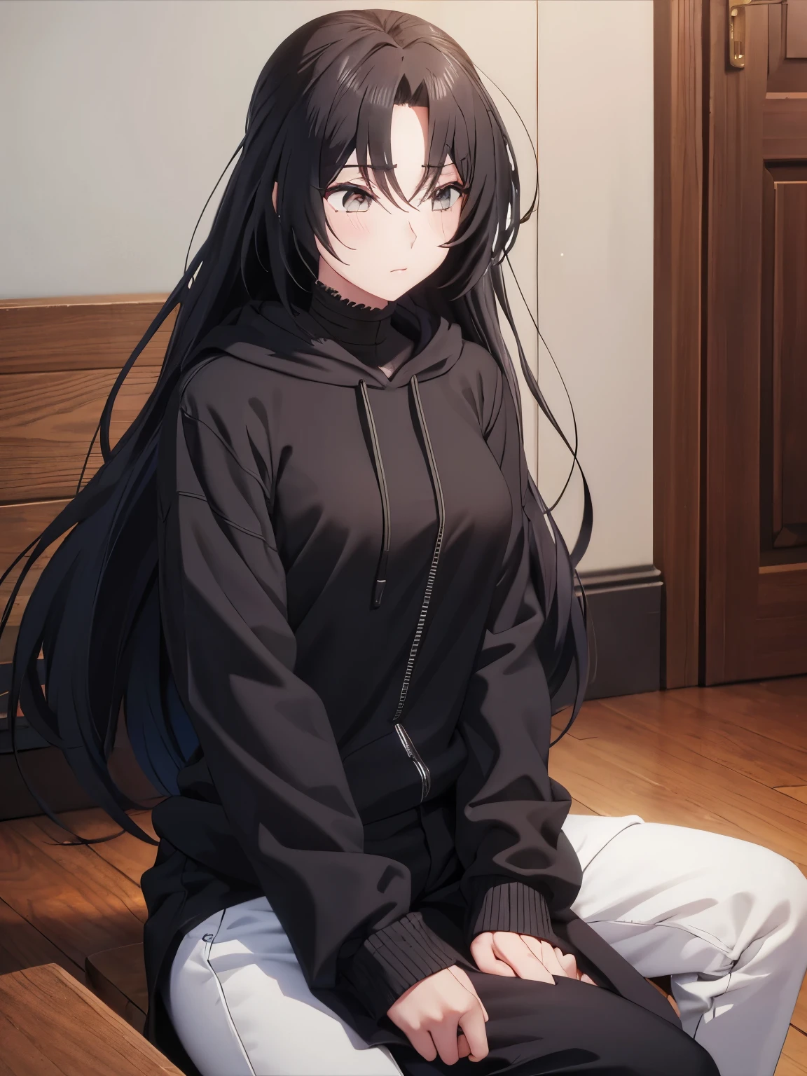 1 girl,black hoodie,looking away,long hair,black hair,Dominique de sade,black trouser,Sitting,close up photo,ultra detail