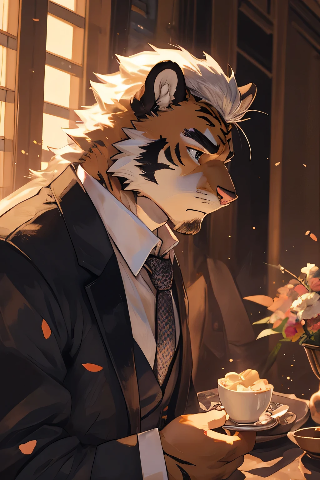 watercolor,Ukiyo-e art,etching,prime time,natural lighting,Sunlight,etching,Kyoto Manga,male,hairy,tiger,white hair,black eyes,golden pupils,Strong body,face close-up,whole body,moody,octave render,High purity shades,high detail,high quality,contour,godfather,satin clothes,prayer