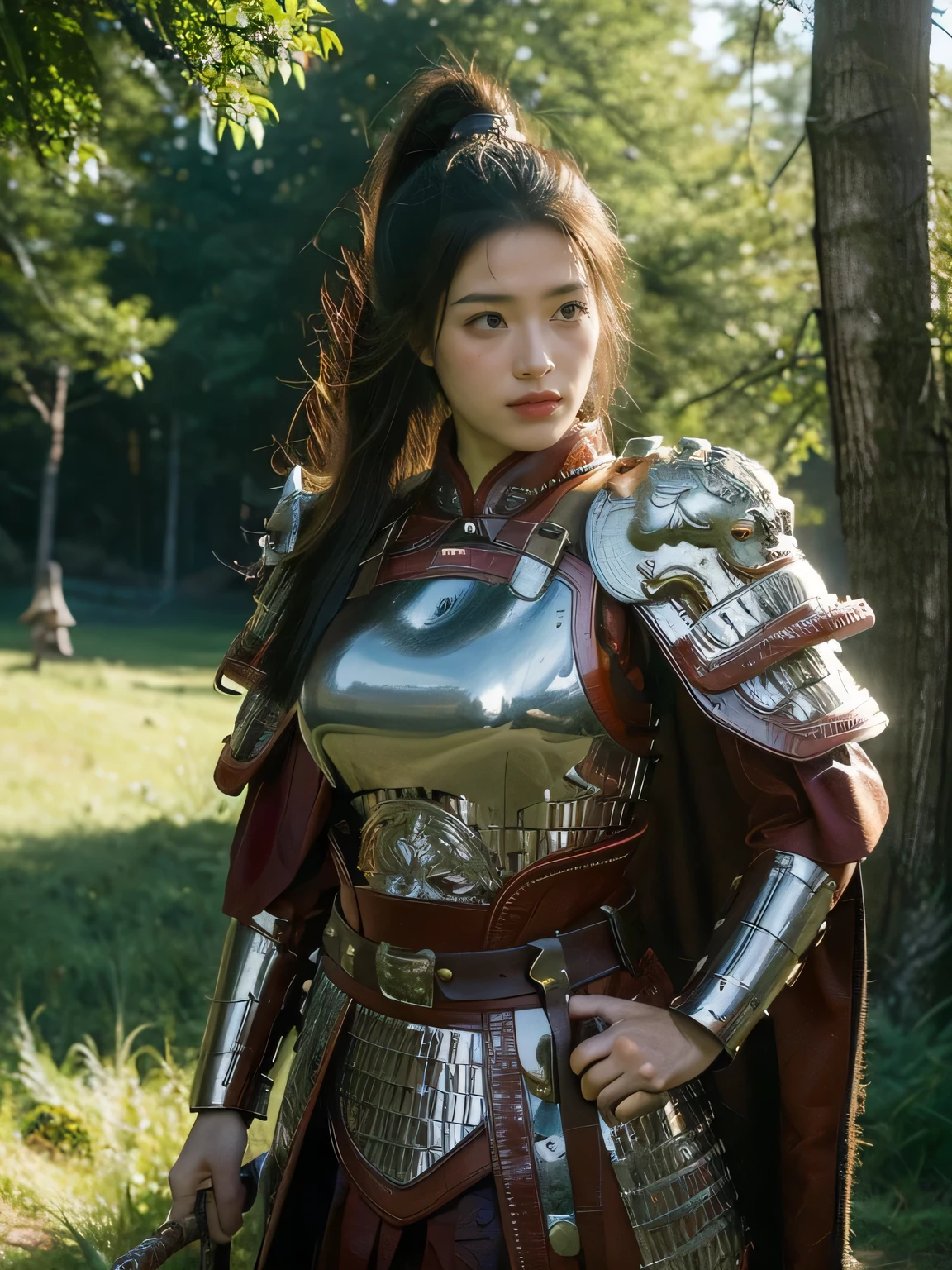 masterpiece,Best quality,HD quality,face close-up,Detailed sculpting of eyes,A high resolution,8K,Ancient battlefield background, ((field:1.8)),(Female generals on the battlefield in the Han Dynasty),(mounted on a horse),18-year-old girl,(long ponytail hairstyle),cparted lips,Full and erect breasts,Noble and charming,Elegant and serious,Chinese armor,sword, Chinese architecture, Brown cape,,The combination of white metal and red leather,chest armor,metallic luster,Leather buckle,Exquisite pattern,mysterious badge,Cool and gorgeouig breasts)),Chest groove,Three Kingdoms character painting style,Photo pose,oc render reflection texture,charming smile,Head-up shot,bright afternoon,woodland background
