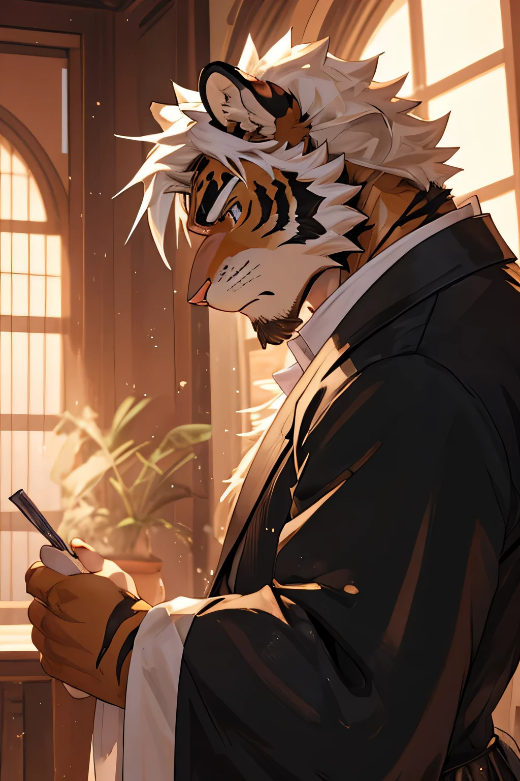 watercolor，Ukiyo-e art，etching，prime time，natural lighting，Sunlight，etching，Kyoto Manga，male，hairy，tiger，white hair，black eyes，golden pupils，Strong body，face close-up，whole body，moody，octave render，High purity shades，high detail，high quality，contour，godfather，satin clothes，prayer
