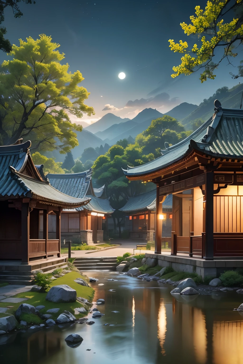On the background of the poster,Describe a scene of the ancient town at night。Moonlight shines through thin clouds on ancient buildings,The stone road glows with a faint silver light in the moonlight。The green mountains in the distance are vaguely visible,It is even more tranquil under the moonlight。A small stream winds through the ancient town,The clear water reflects the sky and the shadows of the buildings。Street lights cast a soft light,Outline the outline of the ancient town。 Primary image: The center of the poster depicts an ancient pavilion。The shape of the pavilion is simple and elegant,The roof is covered with mottled blue tiles,The corners of the eaves are slightly upturned,Looks extraordinarily refined。Under the pavilion is a boy and girl walking hand in hand。young man wearing toga,Wearing a bamboo hat,With an innocent smile on his face;girl wearing skirt,Double bun,Soft gaze。They walked by the stream,The stream shimmers in the moonlight,The breeze rustled the leaves。On the other side of the stream are green mountains and green trees,The mountains are filled with a faint fragrance。 Auxiliary image: The edge or surrounding of the poster,Decorate with some ancient decorations,Like a lantern hanging by the pavilion、Bluestone lions on the roadside, etc.。These details can better show the folk customs of the ancient town。 Through these detailed descriptions and elaborate designs,The entire poster can vividly show the charming scene and rich folk culture of Yuexia Ancient Town.,Makes you feel like you are in the painting,Feel the tranquility and beauty of the ancient town。