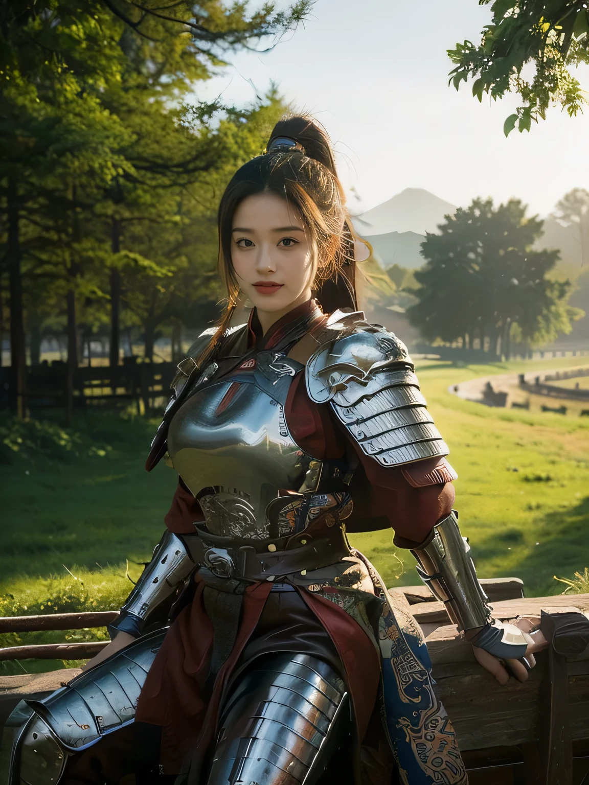 masterpiece，Best quality，HD quality，face close-up，Detailed sculpting of eyes，A high resolution，8K，Ancient battlefield background, ((field：1.8))，(Female generals on the battlefield in the Han Dynasty)，(mounted on a horse)，18-year-old girl，（long ponytail hairstyle)，cparted lips，Full and erect breasts，Chinese architecture, Brown cape，，The combination of white metal and red leather，chest armor，（Cool and gorgeouig breasts))，Chest groove，Three Kingdoms character painting style，Photo pose，oc render reflection texture，charming smile，Head-up shot，bright afternoon，woodland background