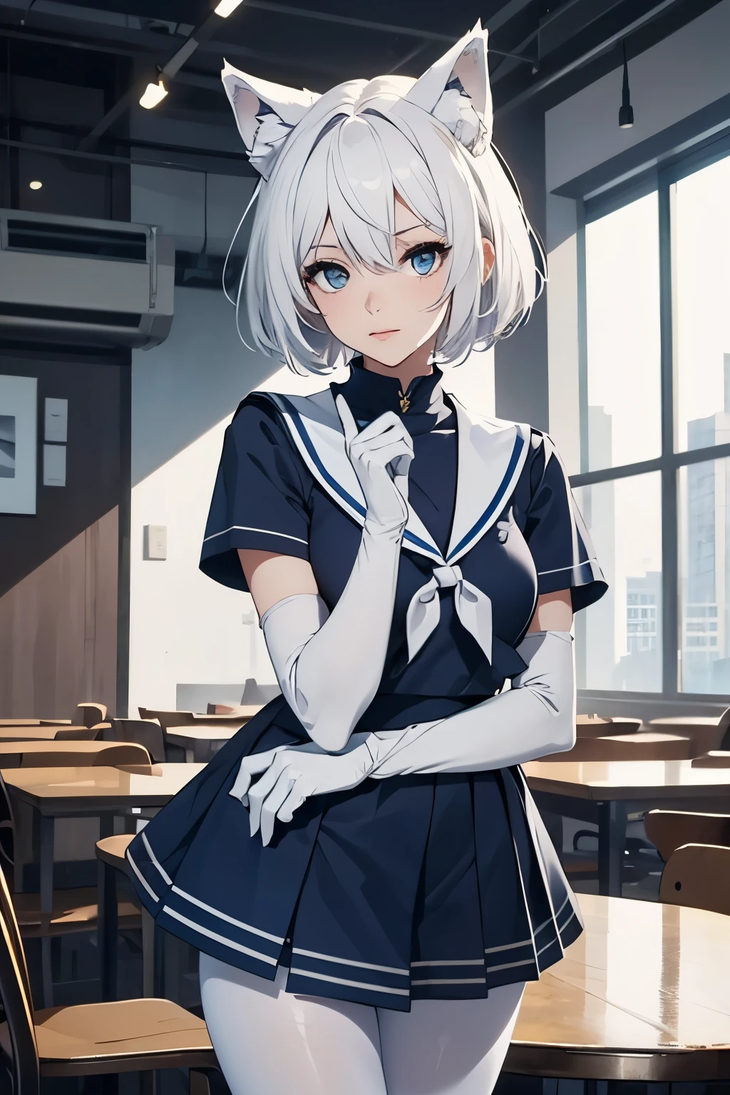 table top High level image quality best image quality 8K adult woman portrait white long gloves(elbow gloves) white pantyhose(matte texture) sailor suit(sleeveless) navy blue mini skirt white wolf ears short hair((shortcut)(pure white hair)(perm)(fluffy)) eye color is blue