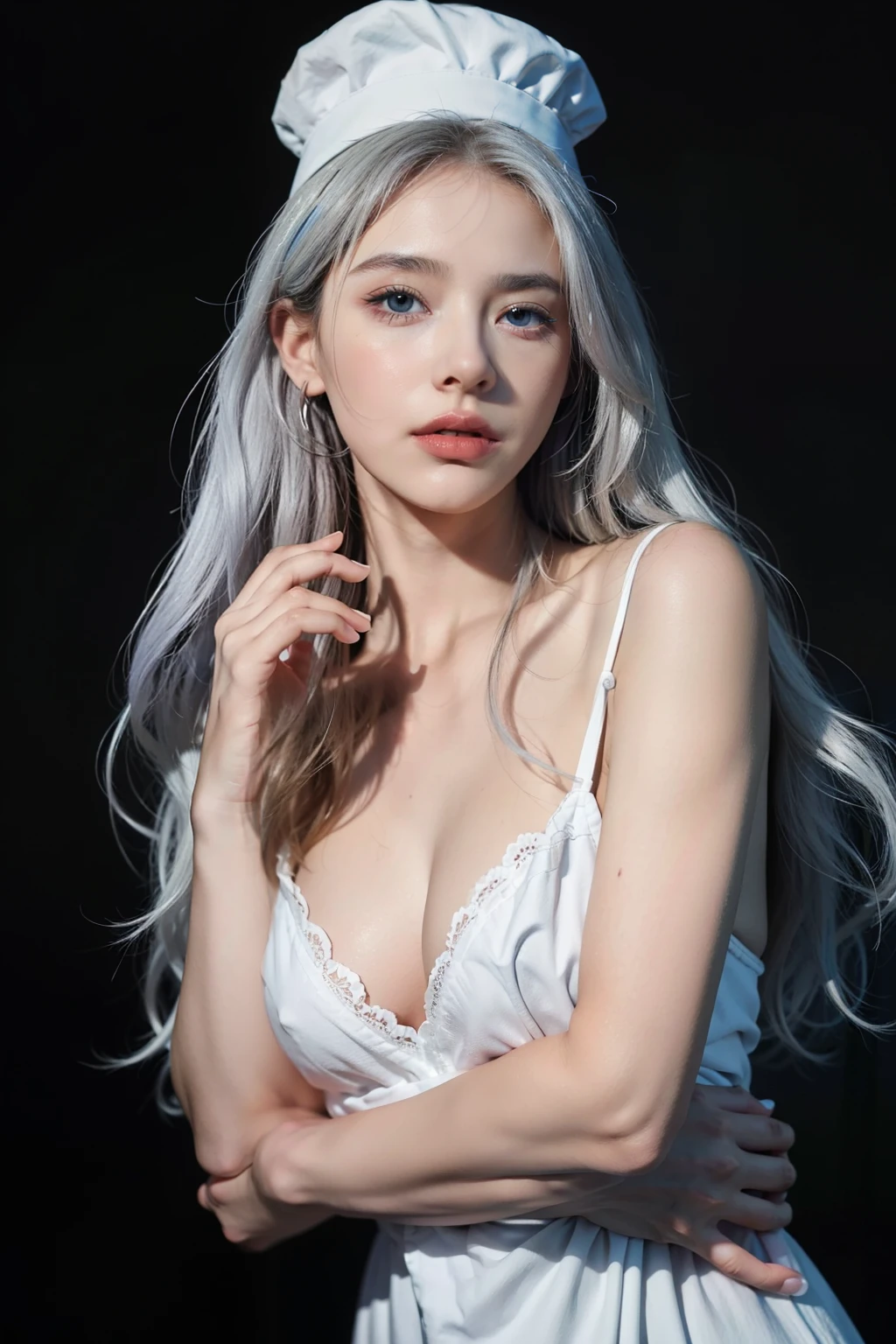 (chef-d'artwork, best quality: 1.2), (super detailed), (Illustration), super haute résolution, ultra delicate visage, delicate eyes, pupilles bleues, Finger details, fond d'screen, original, 1fille, messy white hair, Fines bretelles, jupe blanche, Jambes nues, Pieds nus, bras nus, Tout le corps, (surrounded by'éclaboussures et de points colorés), Colored bubbles, (brillant), fond simple