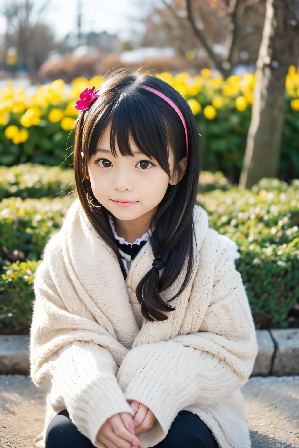 8k,Japanese,8--old,ocent face,teenage girl,cute,Winter clothes,everyday wear,sitting,black hair,flower garden,hair clip,