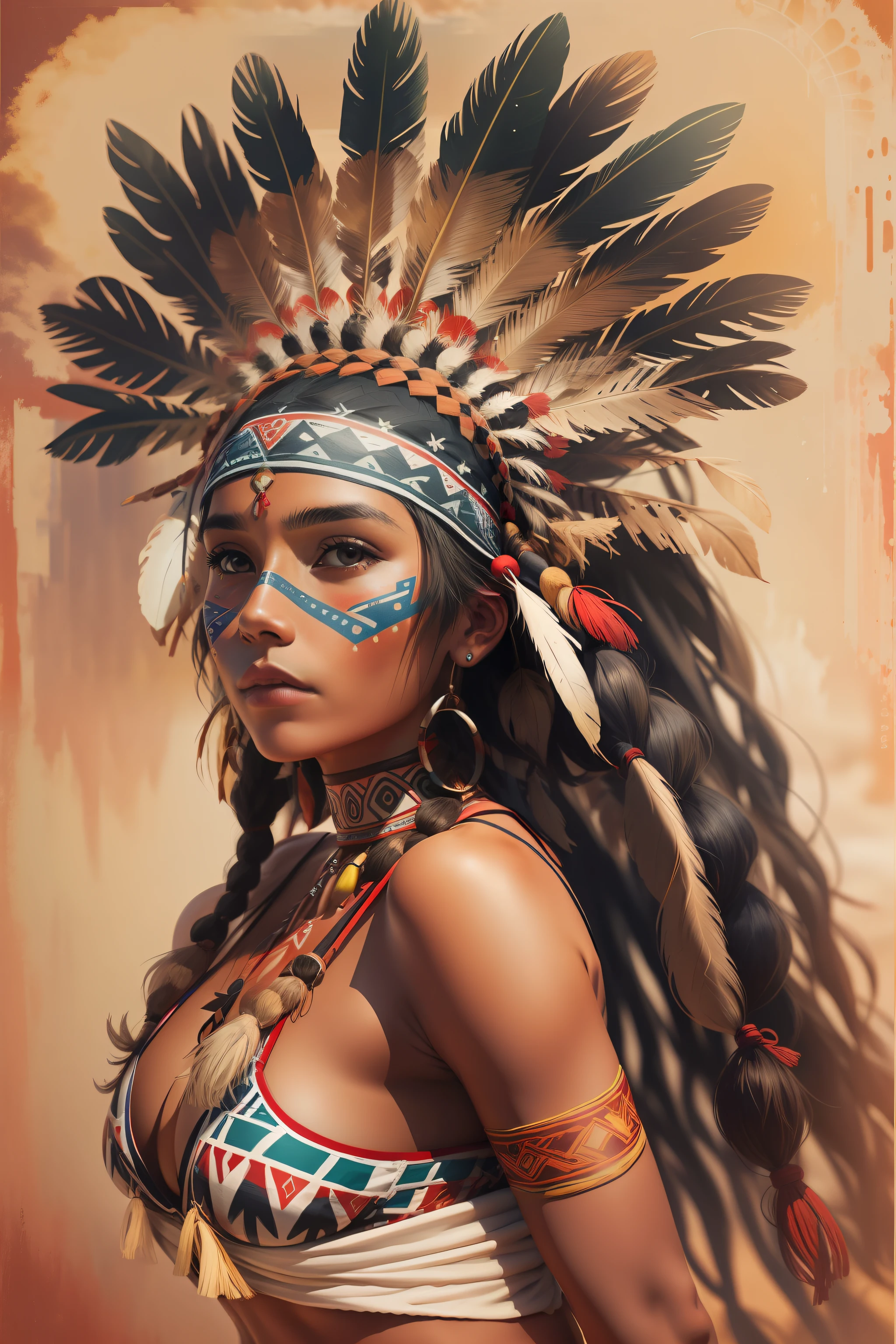 A beautiful indigenous woman in a bikini wearing a headdress, cabelos pretos longos cacheados, rosto bonito, imagem de corpo inteiro, imagem alto detalhe, simetria, Arte de Fantasia
