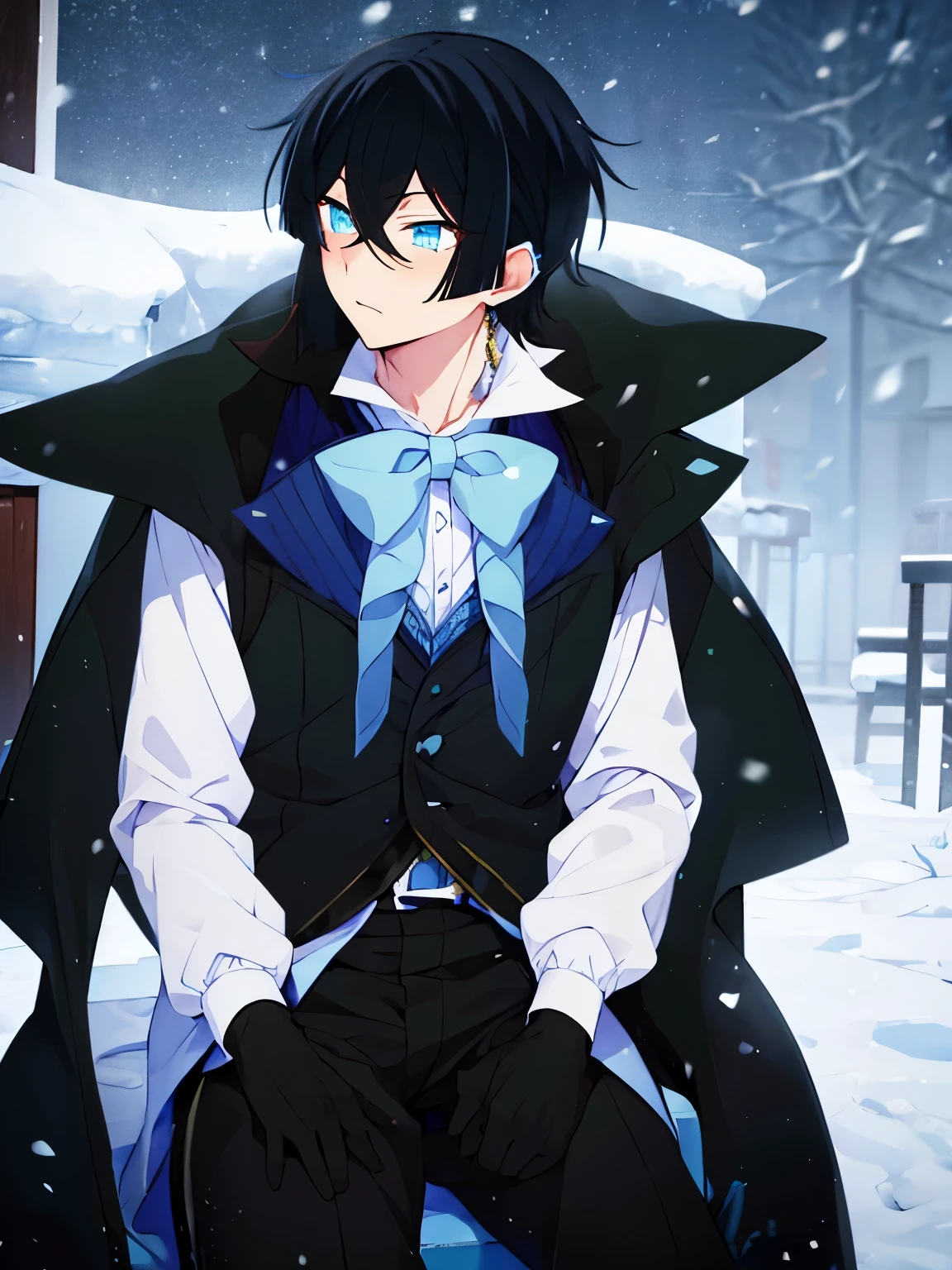 1boy,vanitas no carte,sit,At the north pole,snowing, shock expression,, looking away, looking away, half body photo
