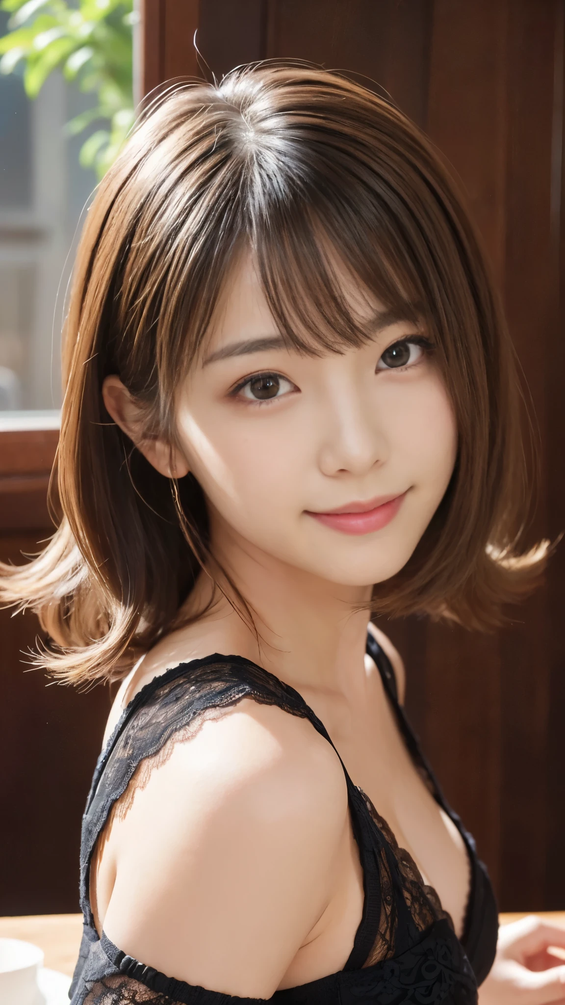 (A very cute 20 year old young woman from Japan),  ((delicate hair between brown and blonde)), ((messy side wave short hair)),(((Slender and slender body type)))，medium bust size､small breasts､ (((clean hands)))，(curly hair)，(((very kind smile))), (((she wears black lace panties)))，(((she is wearing a black knitted dress))) ((highest quality, 16k, table top: 1.3)), light shines on your face, highly detailed face, highly detailed lips, fine eyes,