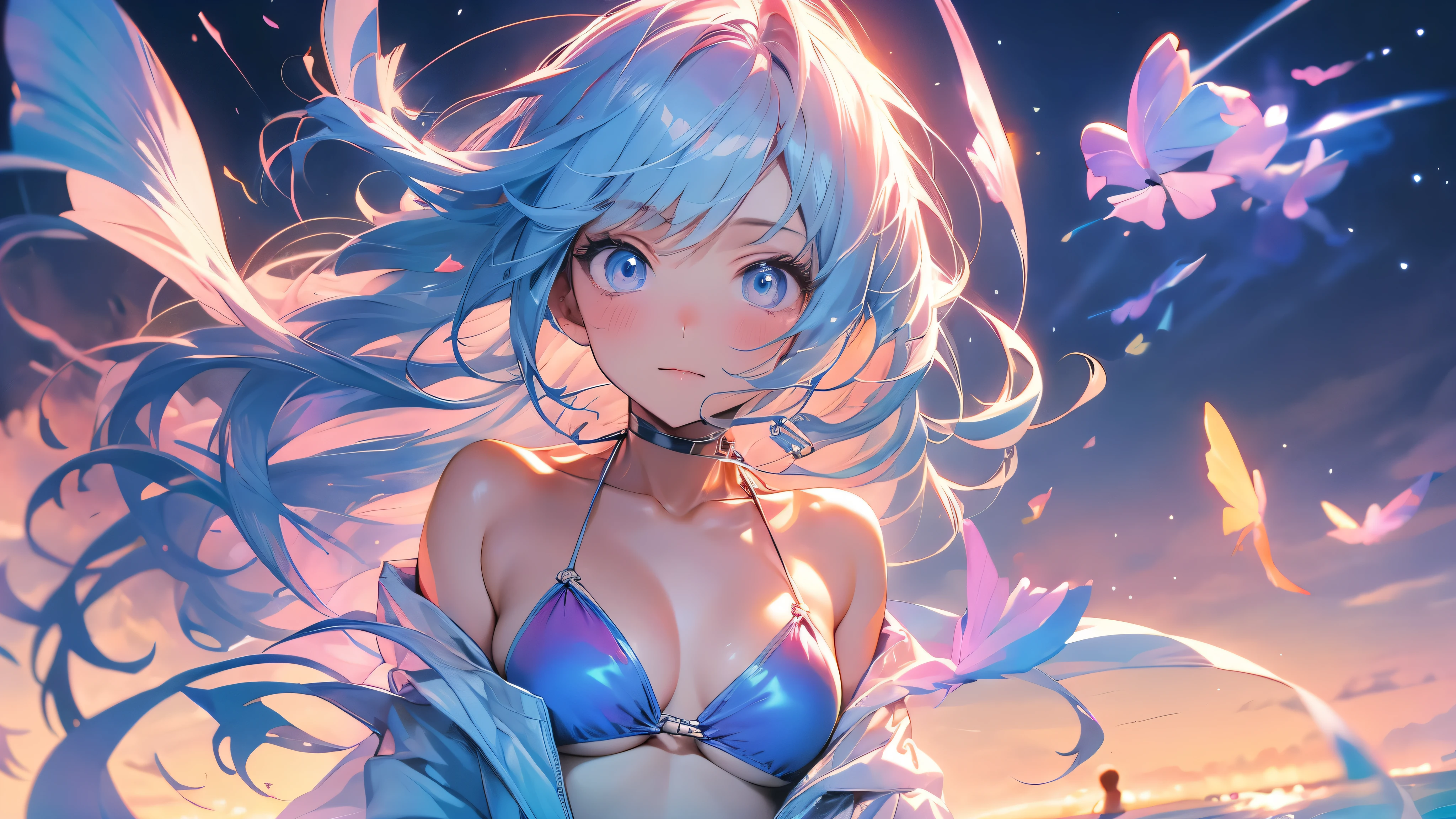 White off-the-shoulder bikini on the beach in Palau(Bikini without shoulder straps、No shoulder strap、show your shoulders)surreal japanese portrait,Works that influenced Antonio Lopez'technology, close the zipper, Ron Mueck, Richard Estes, and Marilyn Minter、Purple and blue gradation eyes wrapped in the mystery of the universe,(string bikini:1.2)、perfect lighting, (perfect hands, perfect anatomy)、whole body(1:2)、that'the wind is strong、outstanding style,Complete body balance、dynamic acid pose(1:2)