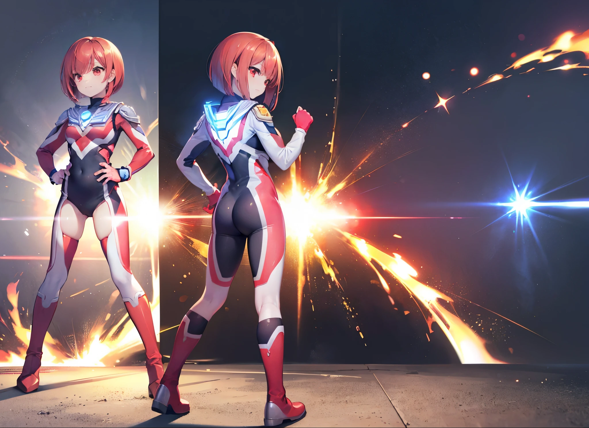 Super close-up,highest quality, ultra detail, High quality CG drawing, The most delicate and beautiful, Floating gently, High resolution, (1 girl), (Highest image quality,4K,8K,masterpiece:1.2),(all red hair:1.5),(short bob:1.5),(red eyes:1.5), (ultra girl :1.0), (All red Ultraman bodysuit:1.4),slightly bigger breasts,red gloves,(Turn your back to your audience:1.3),butt,whole body,(clenched fist:1.3),(put both hands on hips:1.3)