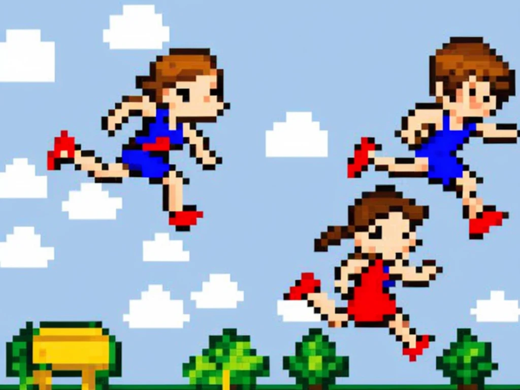 pixel art, girl jumping and running