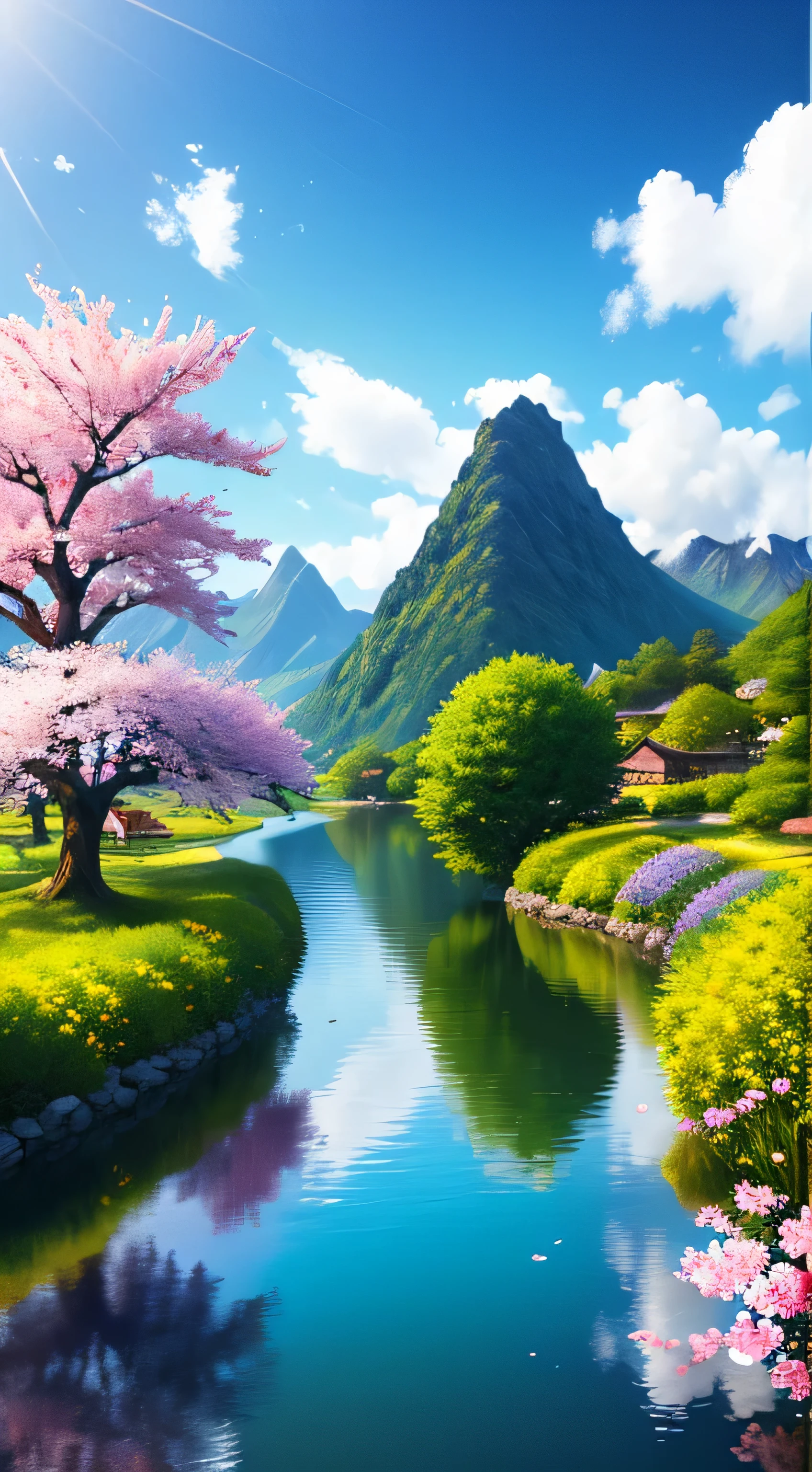 masterpiece, 最high quality, high quality,very detailed CG unity 8k wallpaper, A paradise-like place, village next to the mountain, beautiful lake , flowers, field , Depth of written boundary, HDR, bloom, chromatic aberration ,realistic,very detailed, art station trends, Trending on CGsociety, Complex, high detail, dramatic, art on the road、cherry blossoms、