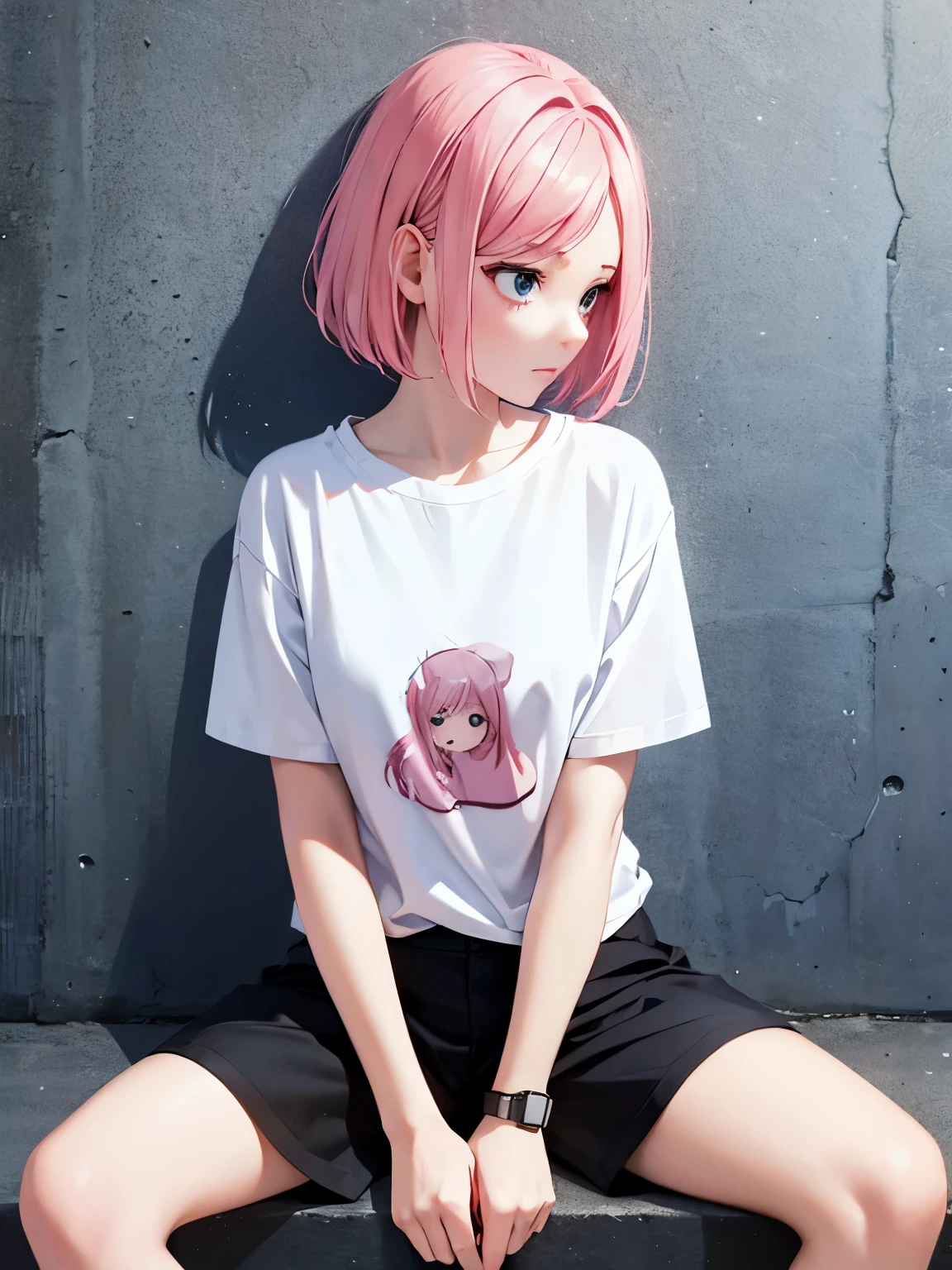 1 girl,Pink hair,Sitting,Anxious expression, looking away,,Middle parted hair, short hair,white t-shirt,white t-shirt,black shorts ,at the north pole,blizzard