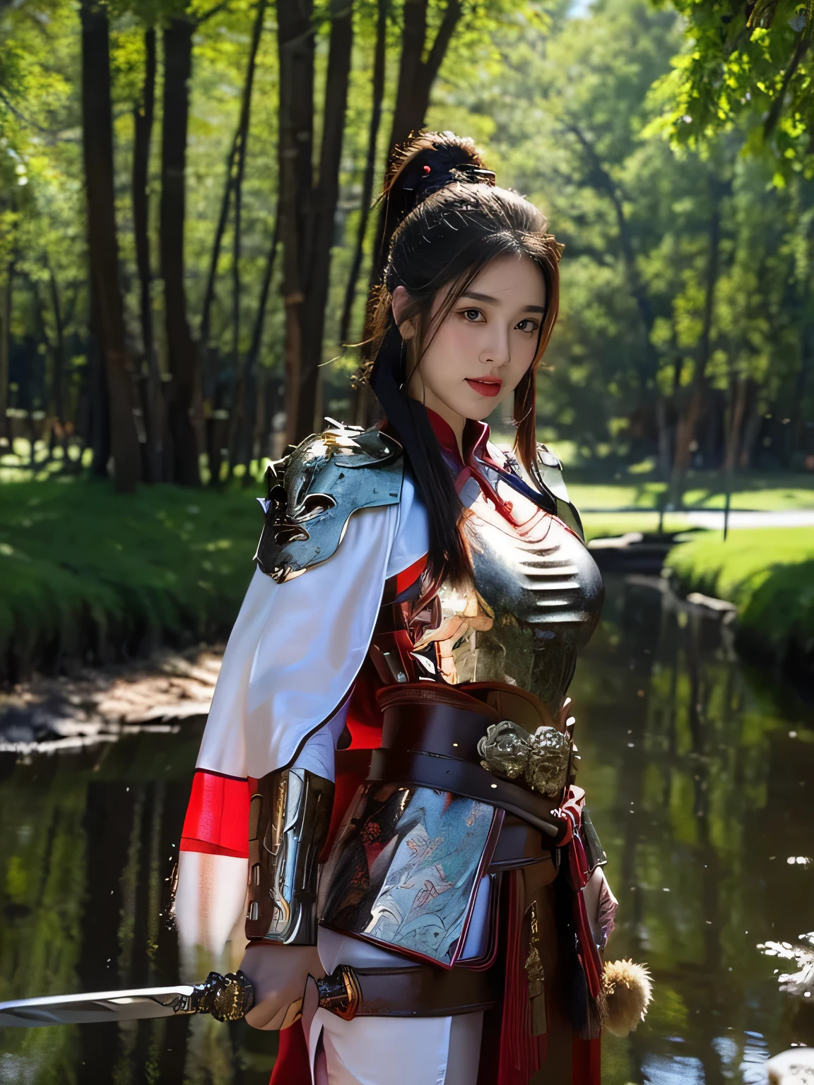 masterpiece，Best quality，HD quality，face close-up，A high resolution，8K，Ancient battlefield background, ((field：1.8))，(Female generals on the battlefield in the Han Dynasty)，18-year-old girl，（long ponytail hairstyle)，cparted lips，Full and erect breasts，Noble and charming，Elegant and serious，Chinese armor,sword, Chinese architecture, Brown cape，，The combination of white metal and red leather，chest armor，metallic luster，Leather buckle，Exquisite pattern，mysterious badge，Cool and gorgeouig breasts))，Chest groove，Three Kingdoms character painting style，Photo pose，oc render reflection texture，charming smile，Head-up shot，bright afternoon，woodland background