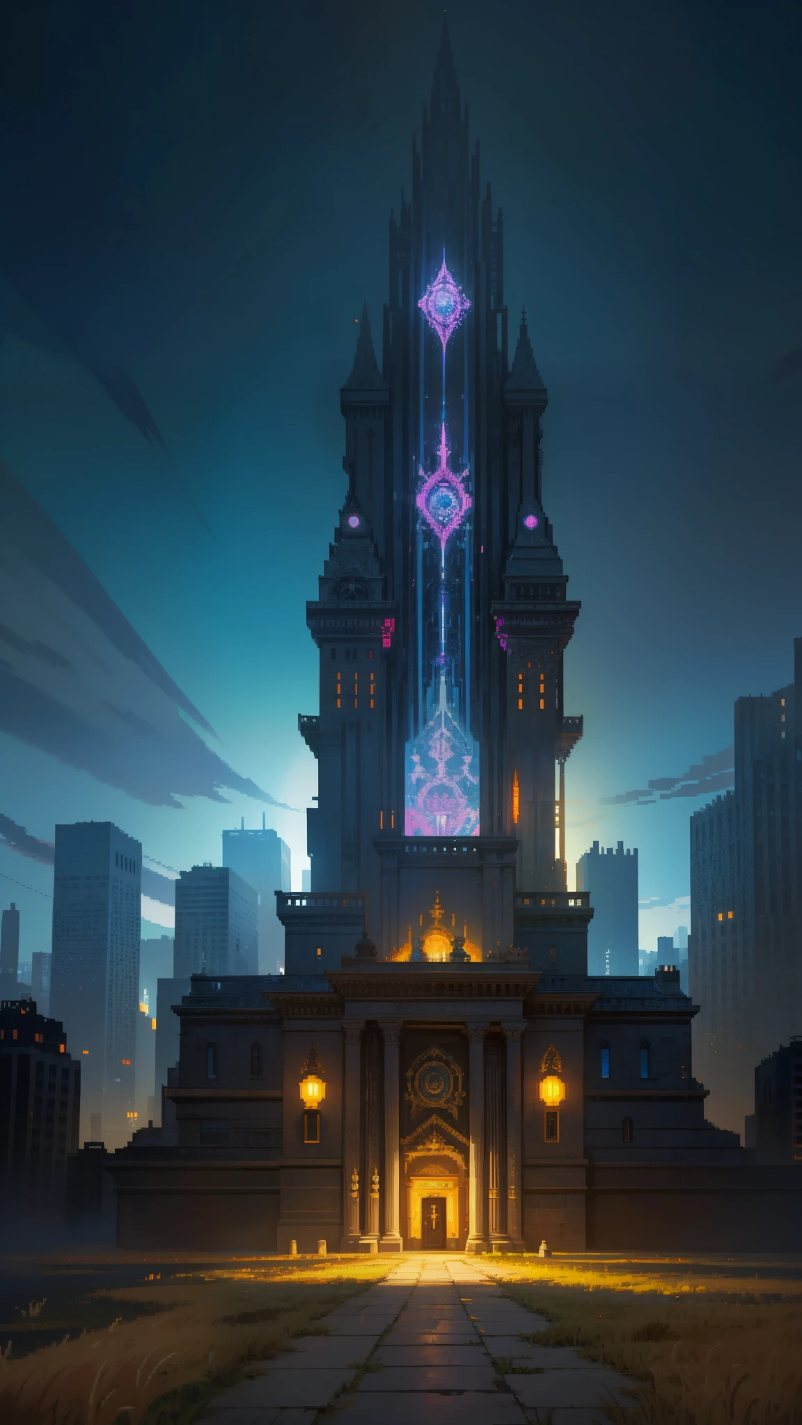 ((The style of pixel art)),(pixelart:1.4), pixel, 4-bit pixel art, Pixel official art, absurd res, view the viewer, solofocus, Dynamic Angle, Ultra-fine pixel art, depth of field, wide shot, a view from below that shows sky above and open field below, Night City, Cyberpunk, Sci-F, production art, warm light source, blue and orange color schemes, intricate details, volumetric lighting, colorful details, iridescent colors, glowing lighting, atmospheric lighting, dreamy, magical, (solo),