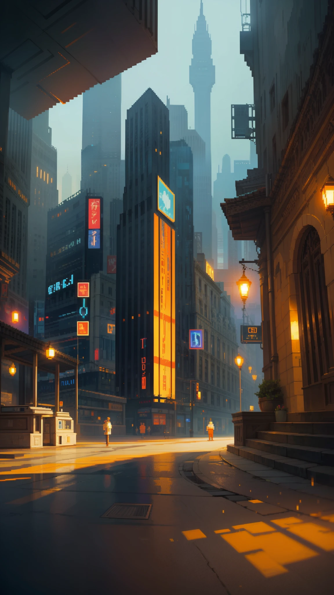 ((The style of pixel art)),(pixelart:1.4), pixel, 4-bit pixel art, Pixel official art, absurd res, view the viewer, solofocus, Dynamic Angle, Ultra-fine pixel art, depth of field, wide shot, a view from below that shows sky above and open field below, Night City, Cyberpunk, Sci-F, production art, warm light source, blue and orange color schemes, intricate details, volumetric lighting, colorful details, iridescent colors, glowing lighting, atmospheric lighting, dreamy, magical, (solo),