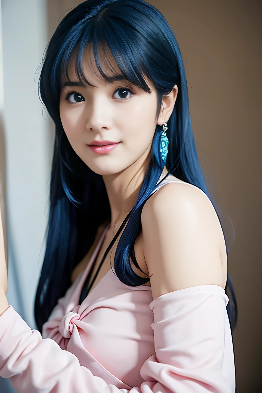masterpiece、1 beautiful girl、fine eyes、smile,puffy eyes、highest quality, 超High resolution, (reality: 1.4), movie lighting、super beautiful、beautiful skin、body facing forward、close up of face、upper body close-up,(超reality的な)、(High resolution)、(8k)、(very detailed)、(美しくfine eyes)、(Super detailed)、 (wall-)、detailed face、bright lighting、professional lighting、looking at the viewer、look straight ahead、slanted bangs、perfect cosplay,Lin Mingmei,1 girl,alone,bright light blue hair,
Idol,White short dress,off shoulder,
pink gloves,
pink waist ribbon,
white mini skirt,
pink boots,
星null_null,
 