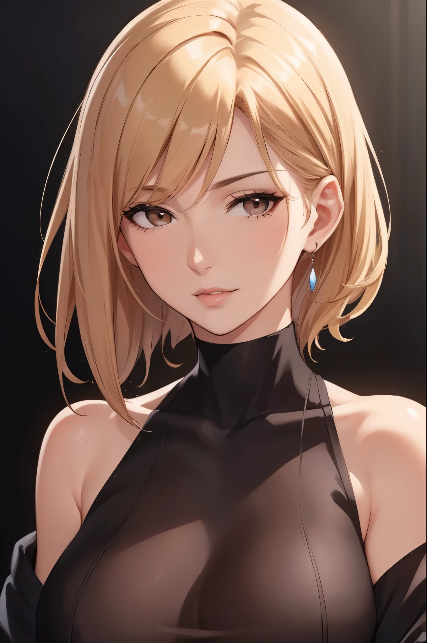 portrait, elegant mature woman, brown eyes, brown blonde hair, swept-side bang, big breast, 4k resolution, high quality cg, beautiful