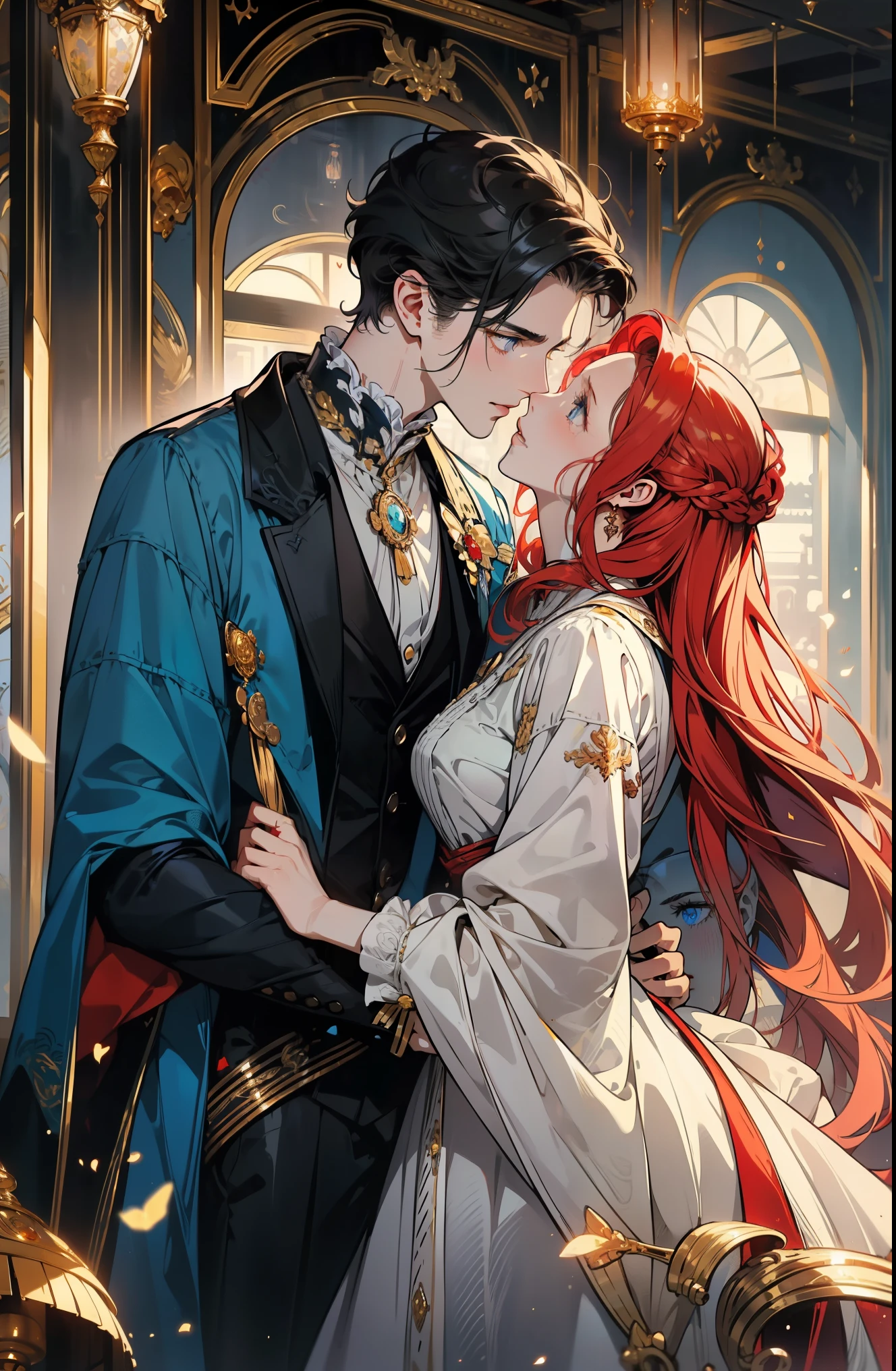 ((masterpiece)), best quality, outstanding illustrations, kissing couple, soft focus, 1 boy with short black hair, blue eyes, One girl with long red wavy hair, golden yellow eyes, victorian clothing, victorian romanticism, Gorgeous and exquisite atmosphere, Soft and warm lighting.