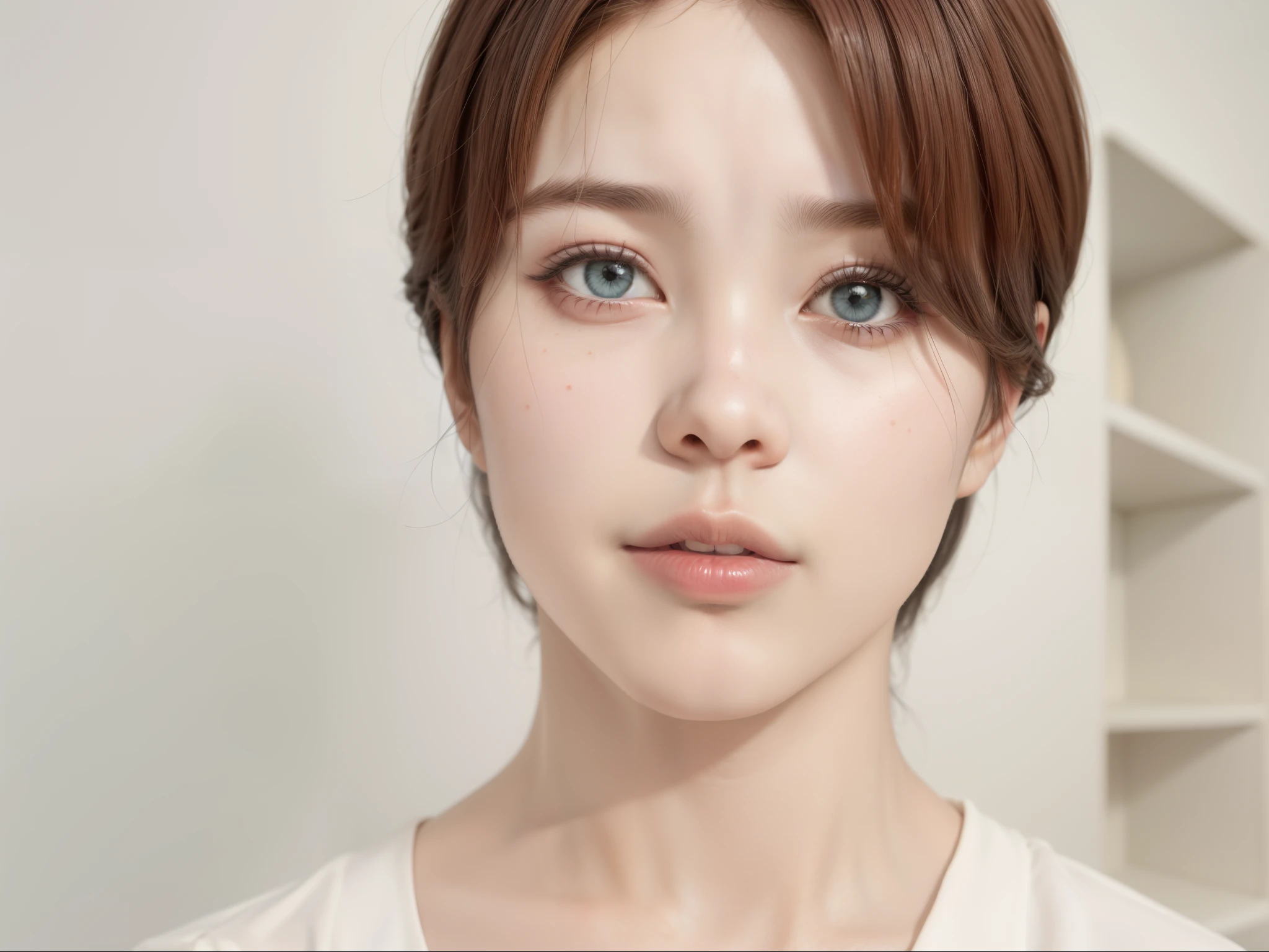 mulher arafada com cabelo castanho curto e camisa branca, Jimin\o nariz grego, accurate Jimin face, Jimin\the full lips, park Jimin, Jimin, Jimin\the right eyelid is swollen, Jung Jaehyun, inspirado em Sim Sa-jeong, taejune kim, rostos ultra-realistas precisos, rosto hiper realista, single realistic face, rosto muito realista