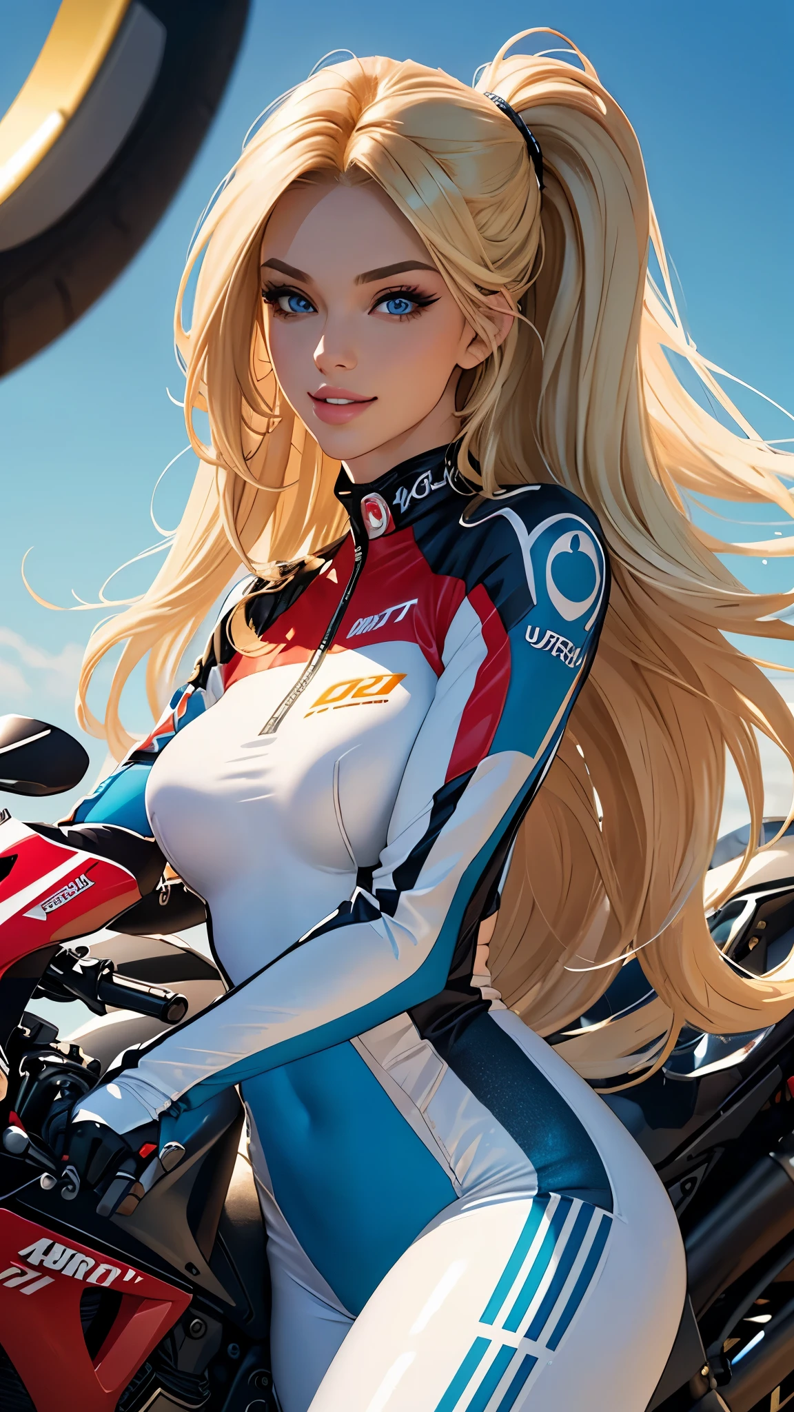 (best quality,ultra-detailed,photo-realistic:1.37),bright and vibrant colors,studio lighting,playful expression,stylish makeup,long blonde hair flowing in the wind,alluring eyes,glossy lips,sexy pose, Ducati, Racing Suit, smiling in a confident and seductive way,posing for a professional photoshoot,shallow depth of field,highlighting the main subject,soft natural lighting,creating a dreamy and magical atmosphere.