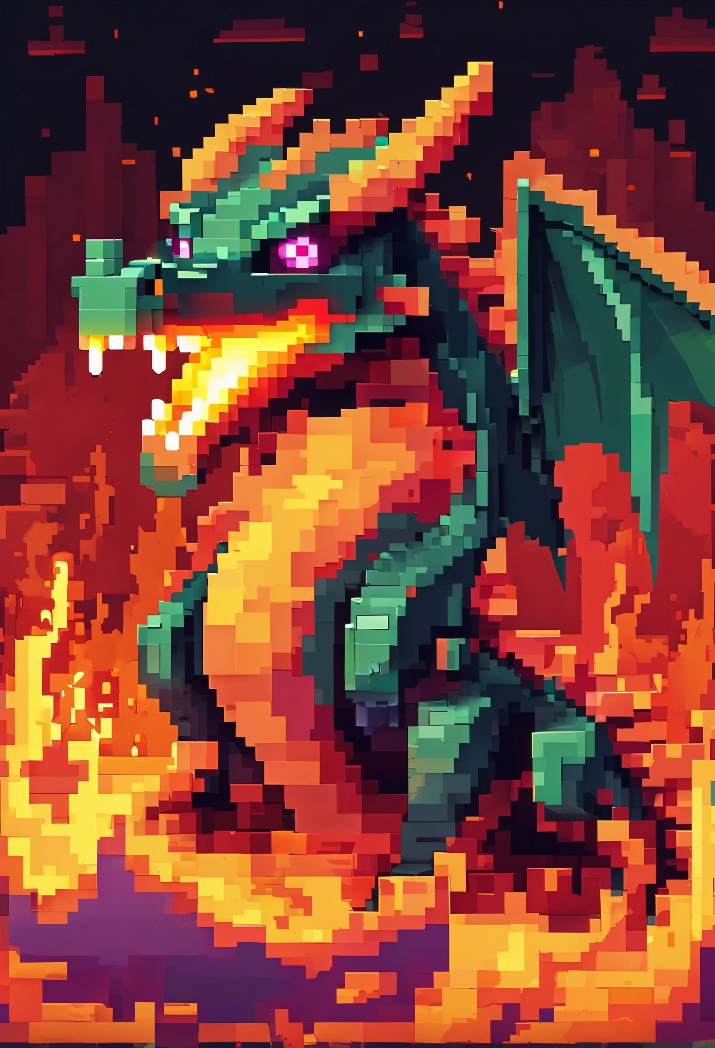 A pixel art dragon (blocky) breathes fire, a video game title in the flames