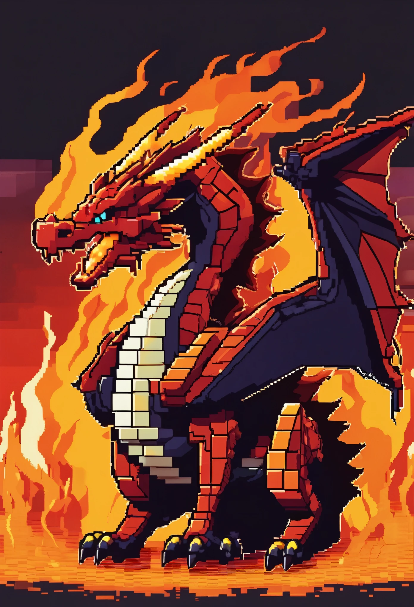 A pixel art dragon (blocky) breathes fire, a video game title in the flames